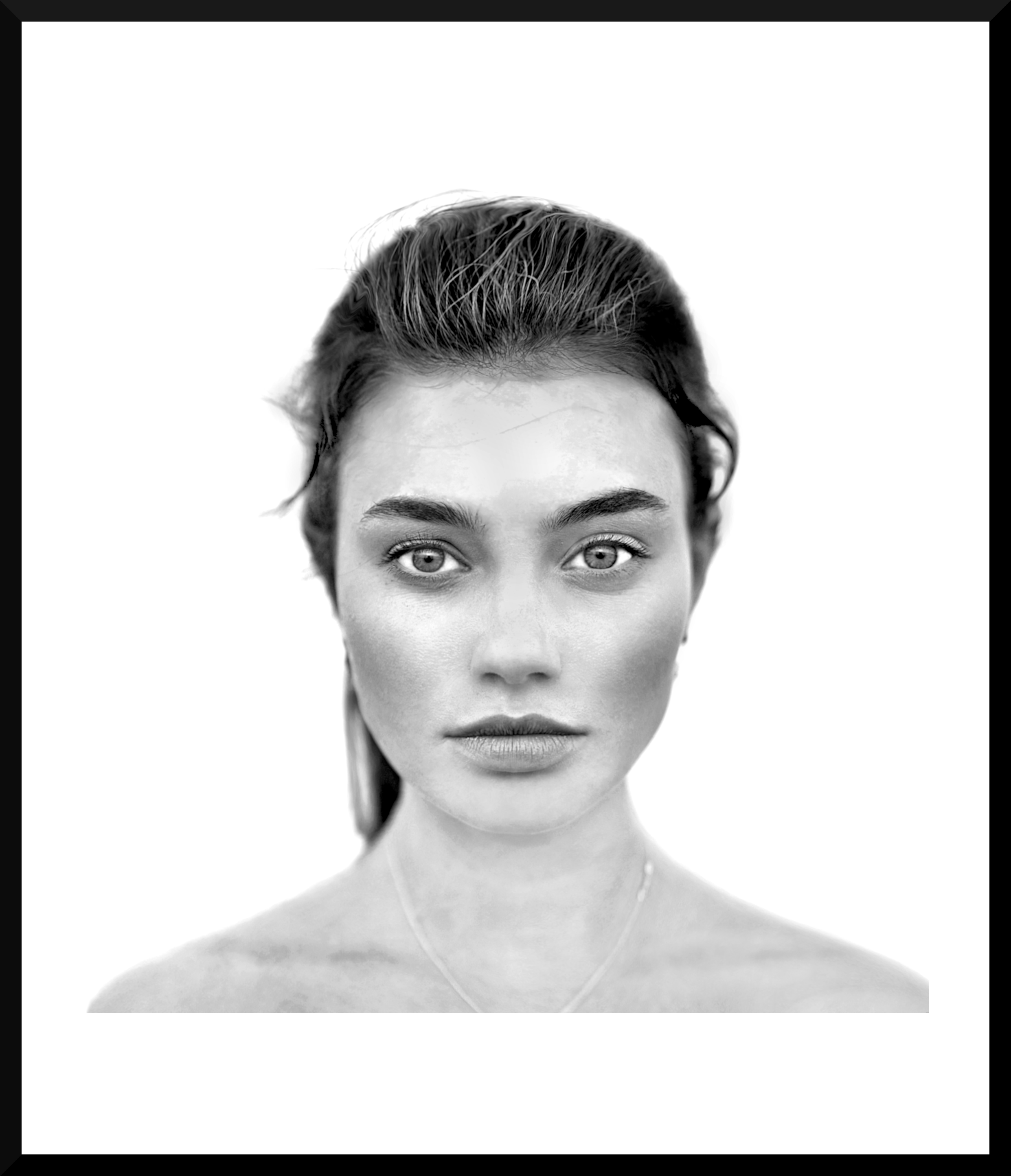 Black and white portrait of a woman with light skin, short wavy hair, and striking eyes, looking directly at the camera with a neutral expression.