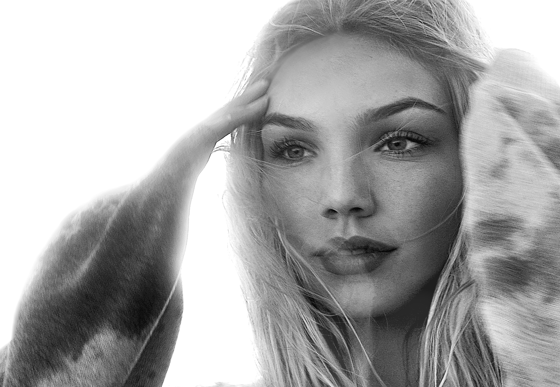 Black-and-white close-up photo of a woman with long blonde hair, looking to the side, with her hand touching her head.