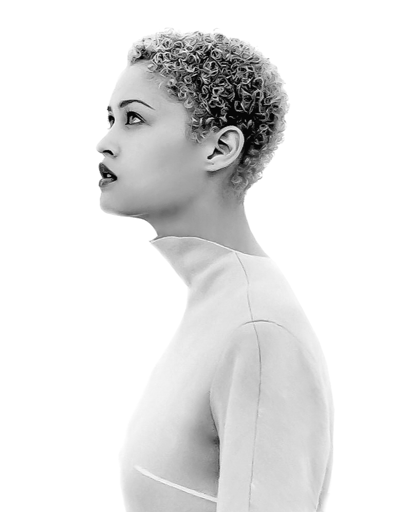 Black-and-white portrait of a woman with curly hair, looking to the left, wearing a high-neck top.