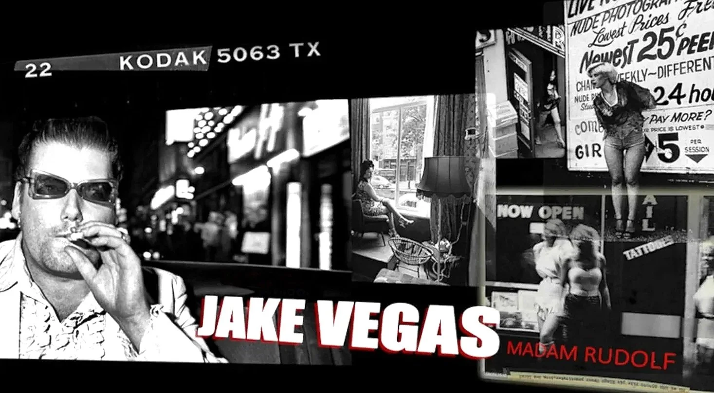 Collage of black and white photographs featuring a man with sunglasses, a woman sitting by a window, women in casual outfits on the street, and a woman posing in front of a sign. Text reads ‘Jake Vegas’ and ‘Madam Rudolf’.