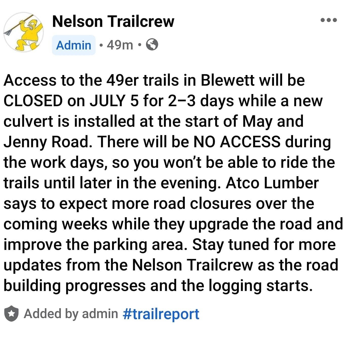 Please beware of the expected trail closures in Blewett (49er Creek) trails.
Starting July 5th - road building will be taking place. Plan to ride evenings

Please share with your riding buddies 
.
#trailcrew #trailreport #kootsrock #mountainbikebc #m