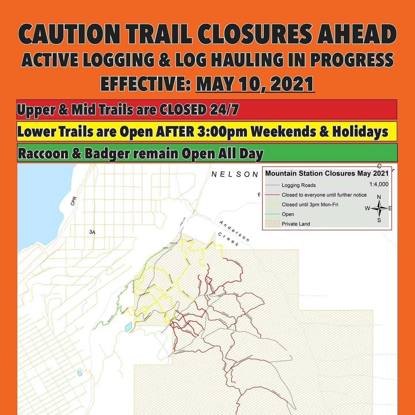 📢We have received notification from the private land owner that trail users are continuing to enter closed areas of the Mountain Station trail network. 😣
This is a serious safety hazard as active logging and hauling is currently taking place with h