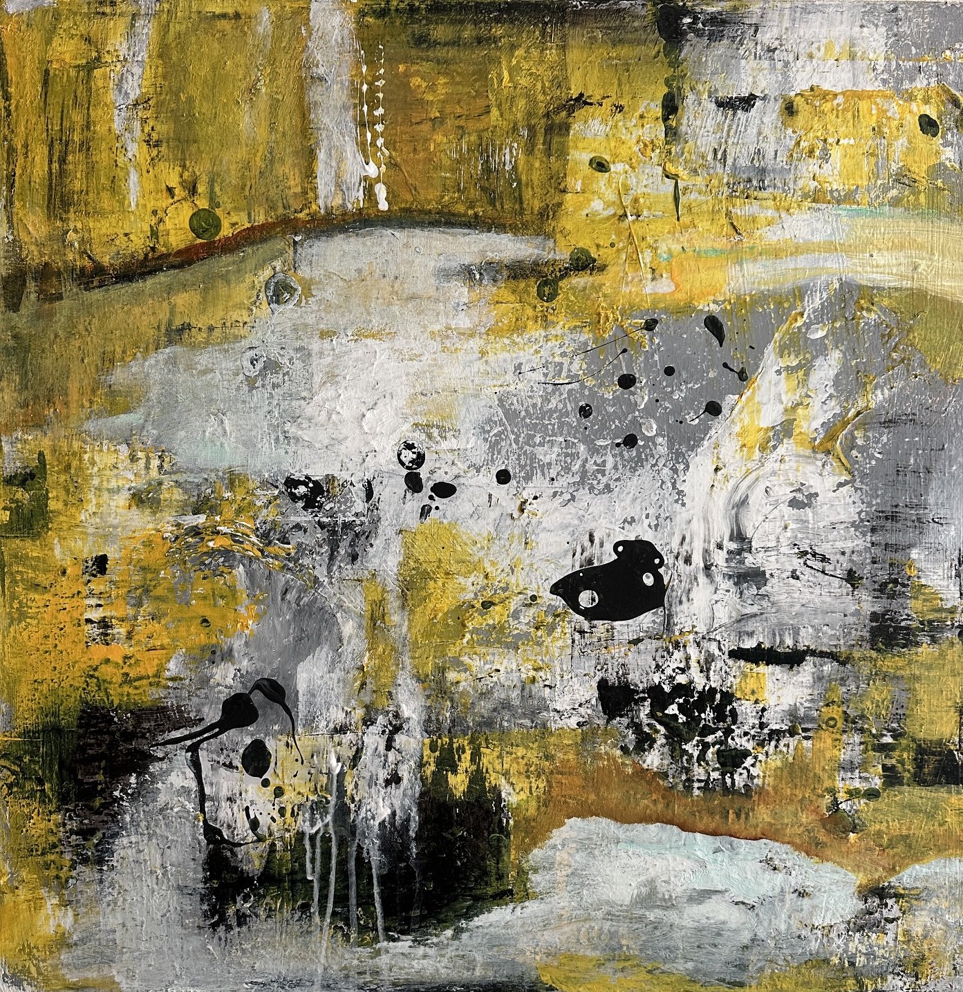 Threshold - 24 x 24 - $890Lots of texture and greys and blacks and yellows finding their way throughout the painting.