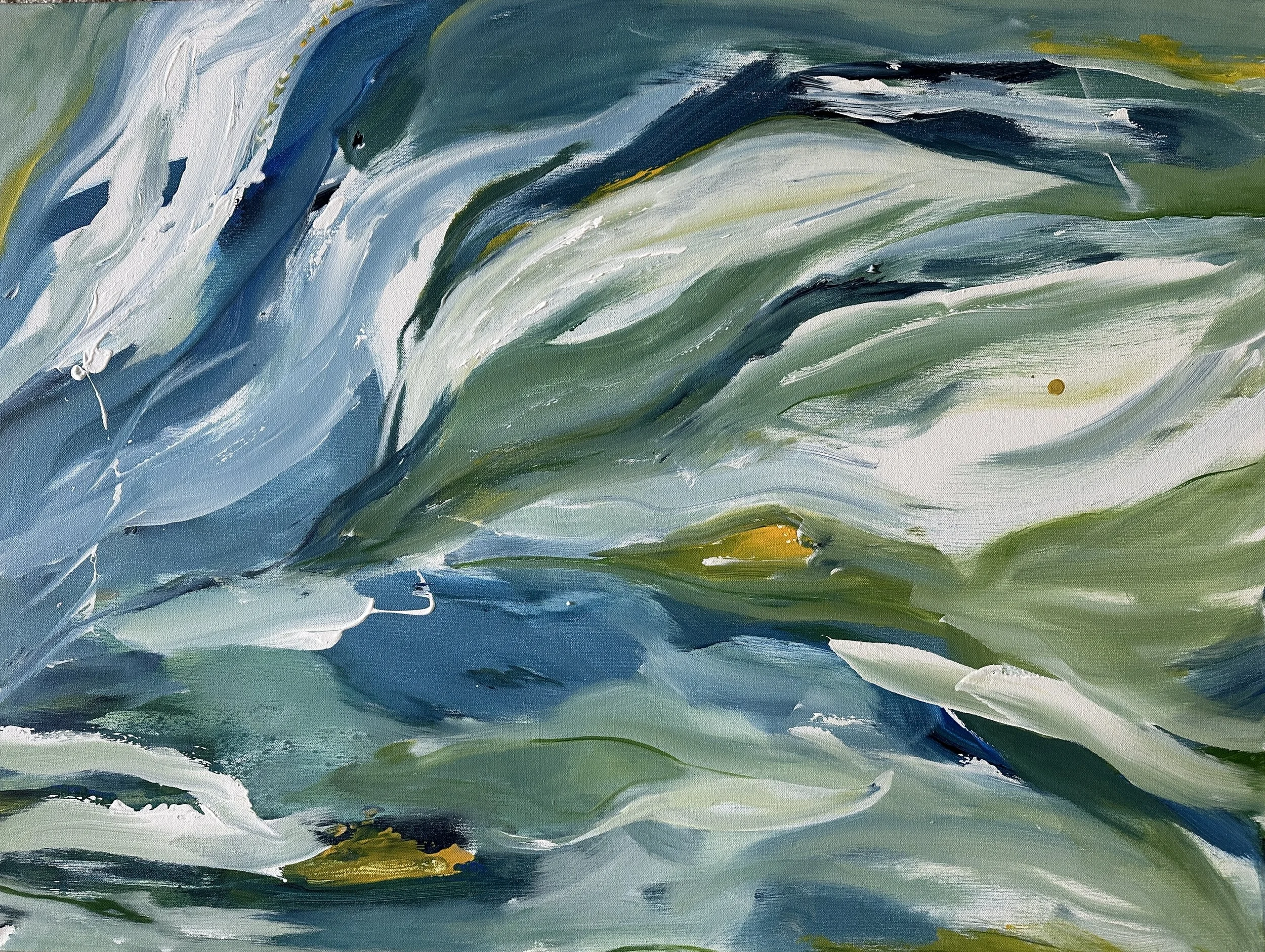 Drifting - 30 x 40 plus frame - $2000
Blue and green currents slide together with small flashes of gold beneath the water - or fish swimming with the Waves!