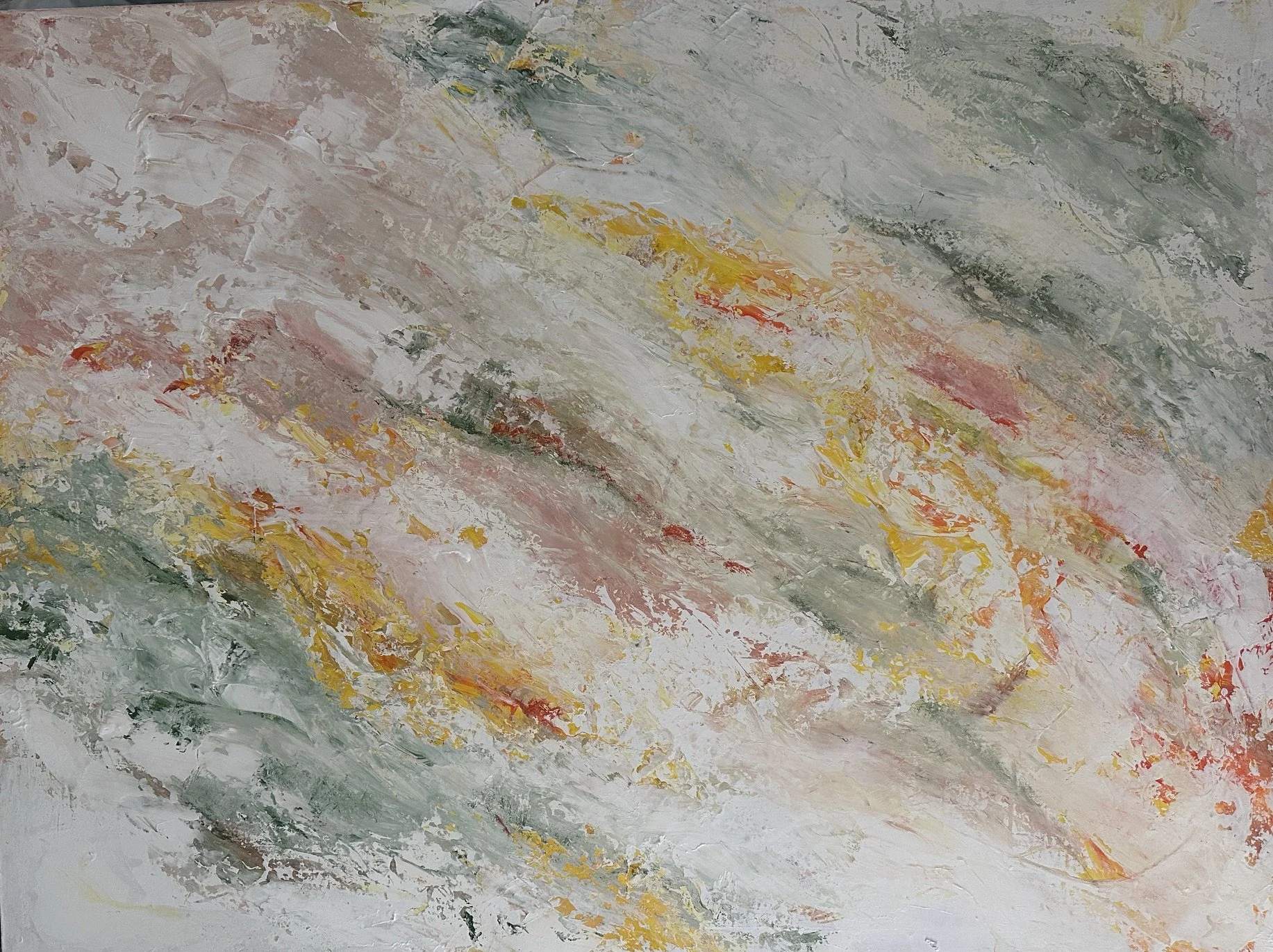 REVERIE - $1800 30 x 36 with touches of gold leaf, and wisps of blue, greens, and golds, this soft painting makes a statement.