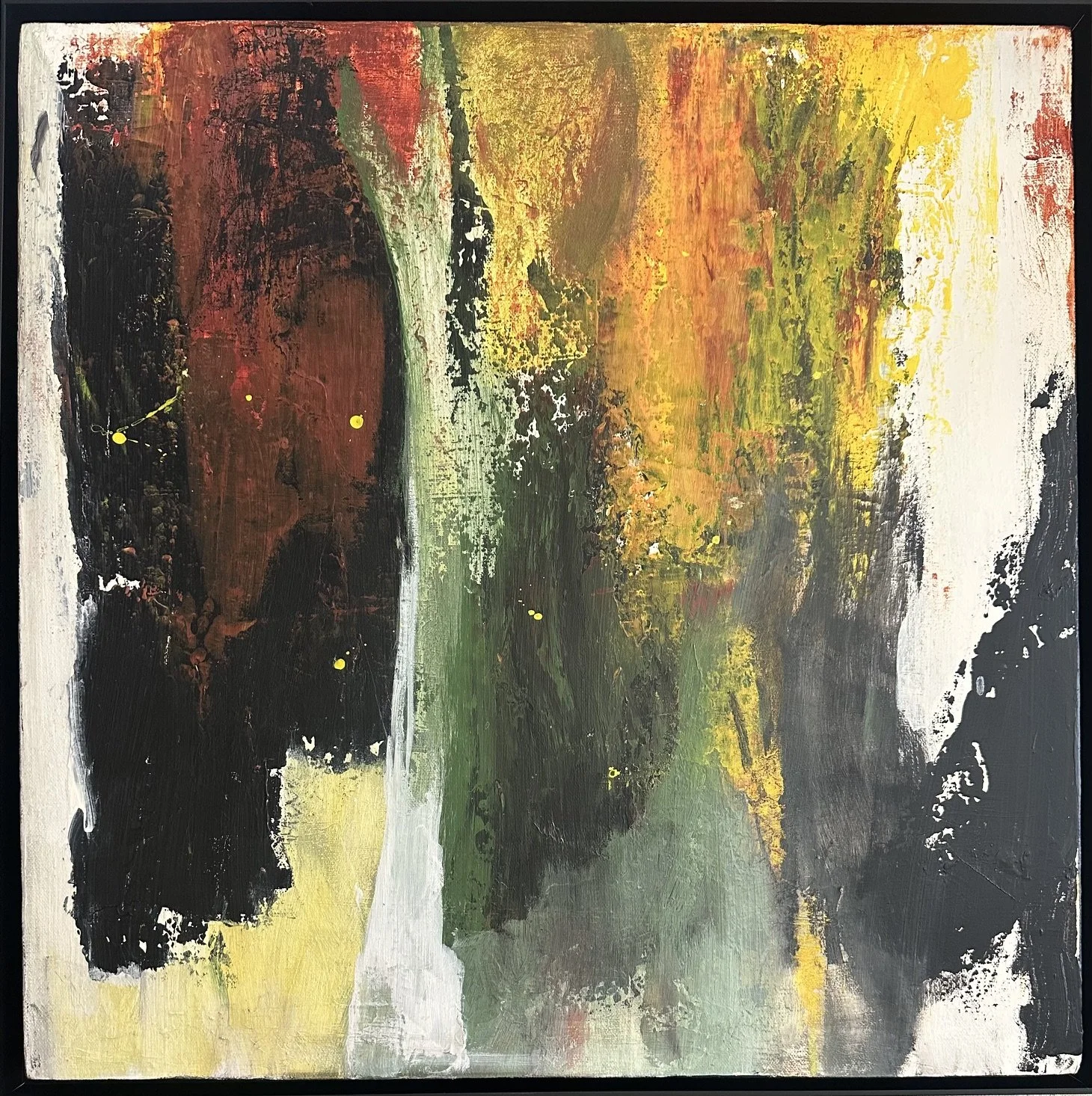 Elemental - $590 - Acrylic framed - 20 x 20
With deep hues of burgundy, golds, and green, and hints of black and white, it just felt elemental and a bit of ZEN as well.