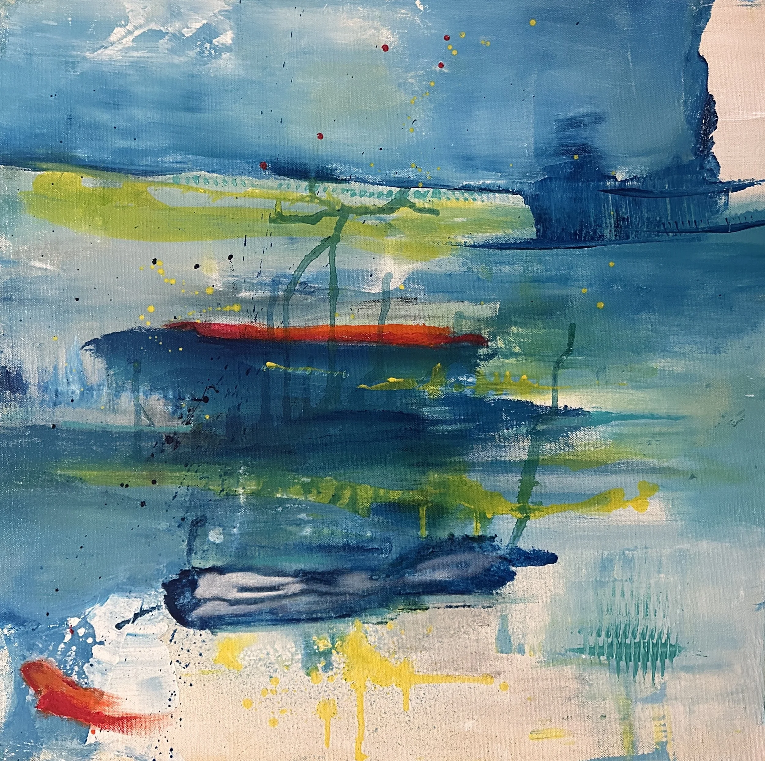 Simple Pleasures - 24 x 24 $650- A boat appeared in the water and the blue sky and beach also appeared.  