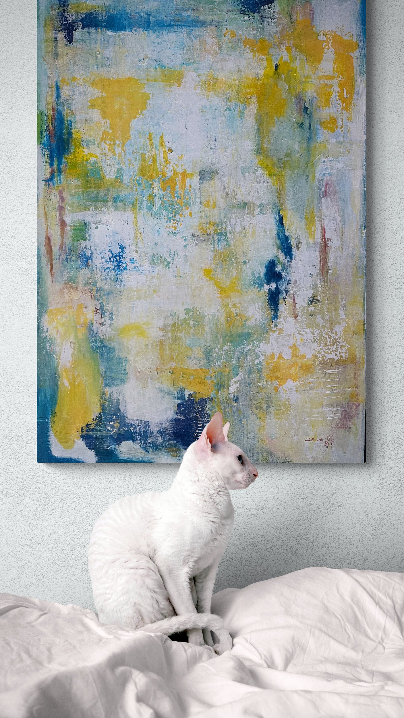 Solstice - $1100 - 24 x 36 with wood frame.
Yellows and blues and soft whites capture movement and discovery, emerging and fading with subtle contrasts of light and shadow.  Shown vertically.