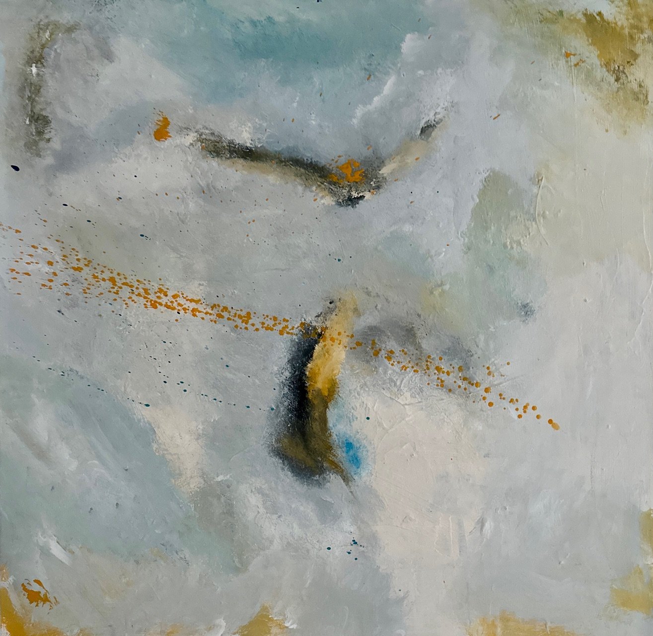 WHISPERS IN FLIGHT- $690 - 20 x 20 - plus
Silver frame - Two birds magically appeared in this painting as I was enjoying the ethereal quality of the background.  Sold 2/26