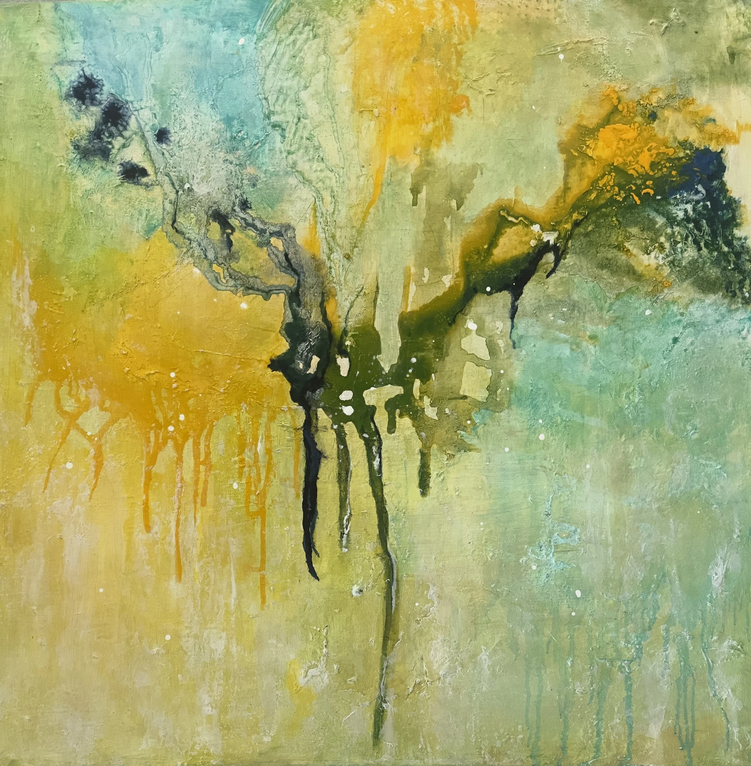 Radiant Energy - $2000 - 36 x 36 Acrylic on Canvas with Bronze metal frame.

A vivid surge of golds and green bursting outward with electric energy before melting into a luminous calm.