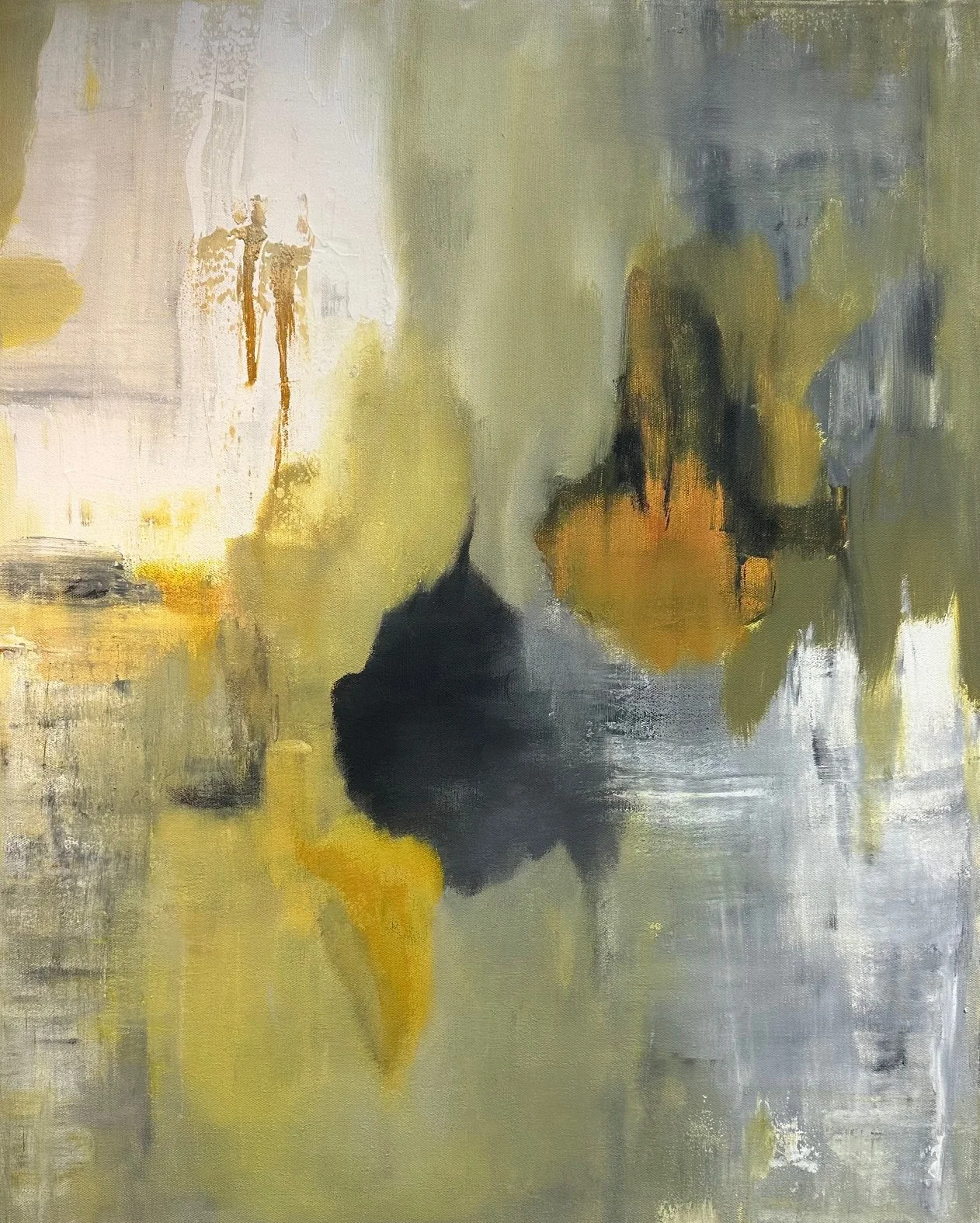 Between Worlds $1100 - 24 x 30 plus metal frame. This soft piece has a definite feeling of strength even with the softness of the greens & greys and yellow.
