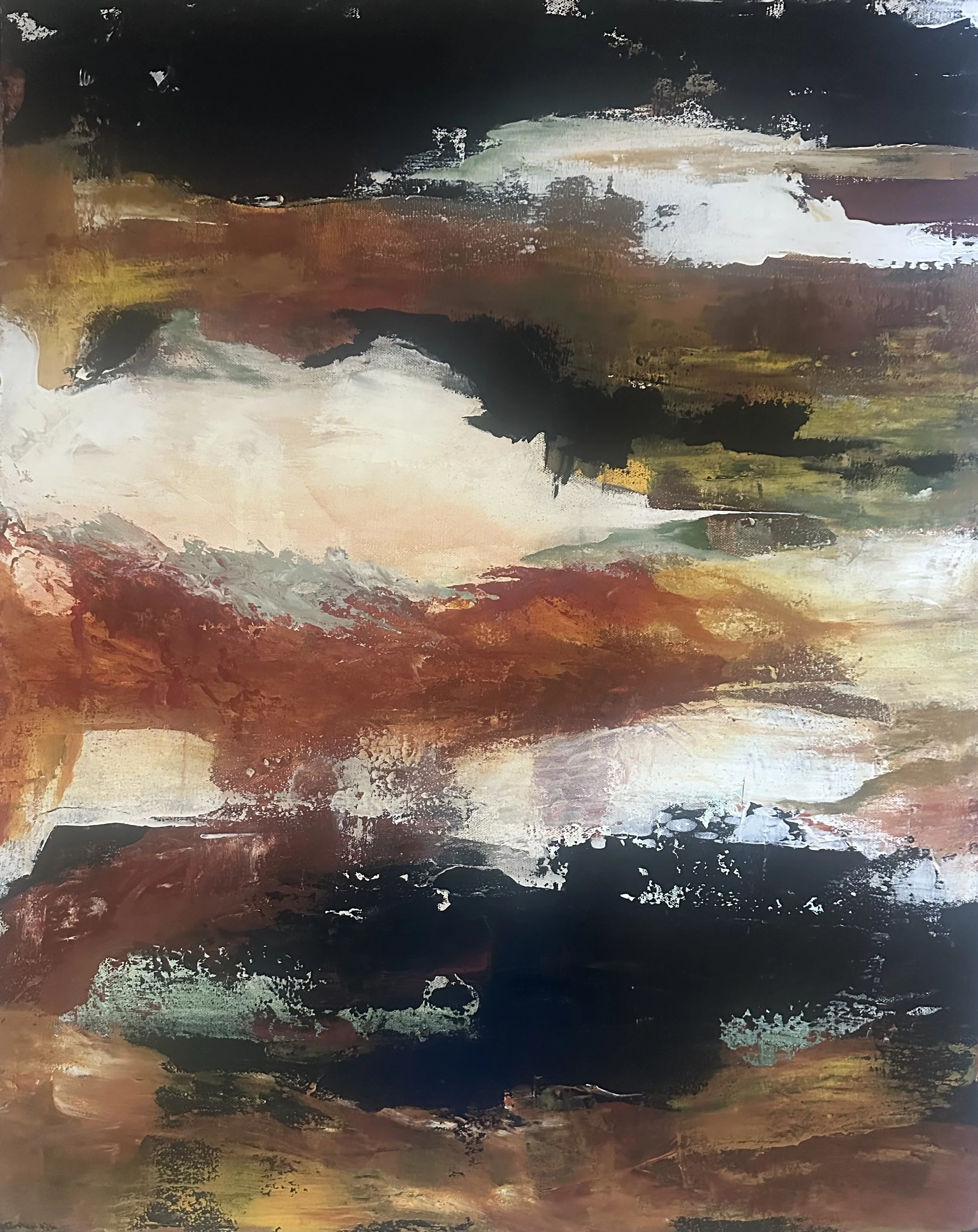 AWAKEN - 24 x 30 $990  The deep browns and white light suggests something coming into being without defining it.