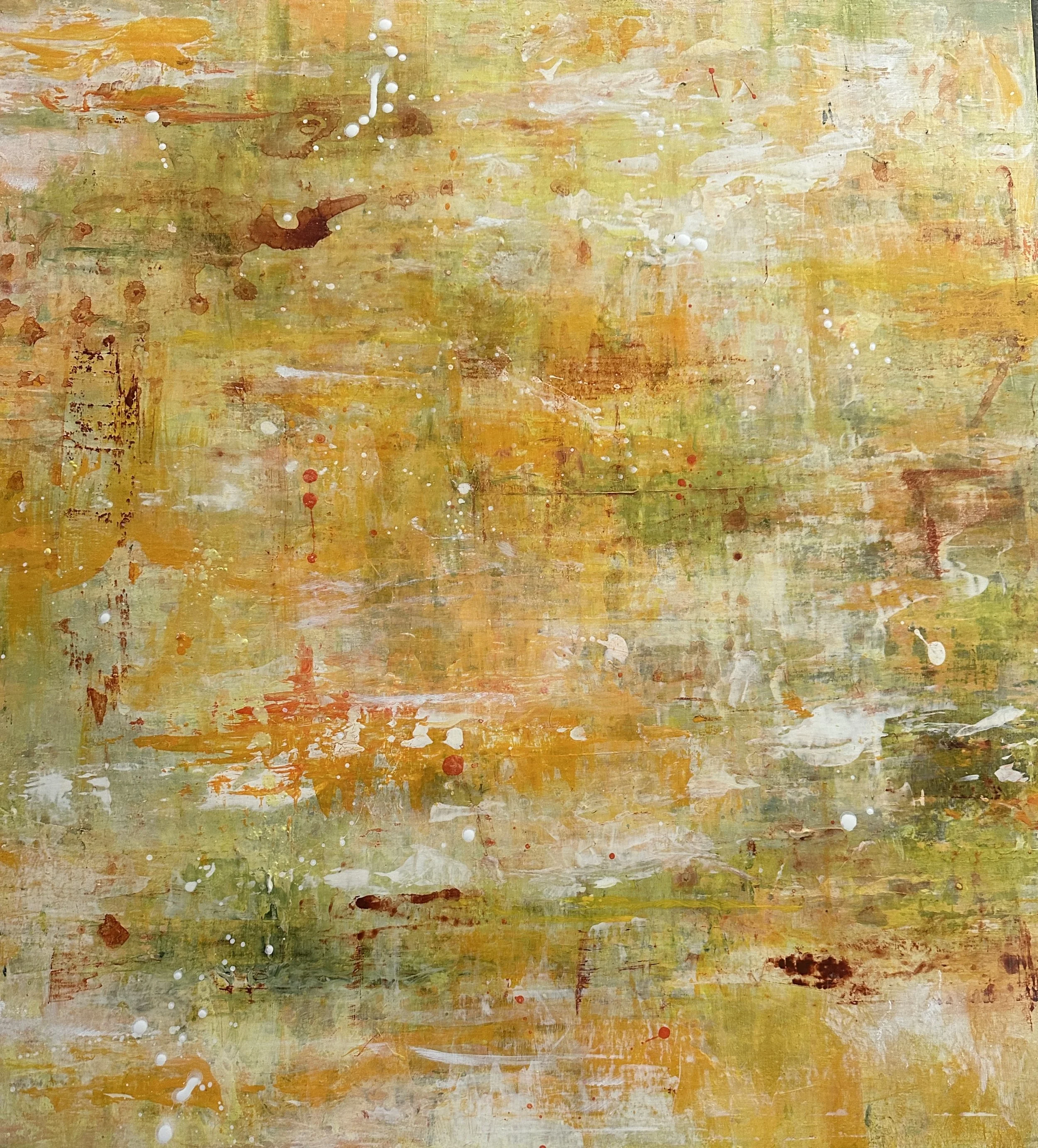 Lumen- $1200 36 x 36 plus metal frame.
Lighting comes through the oranges and greens melding throughout the painting with touches of dark to offset.