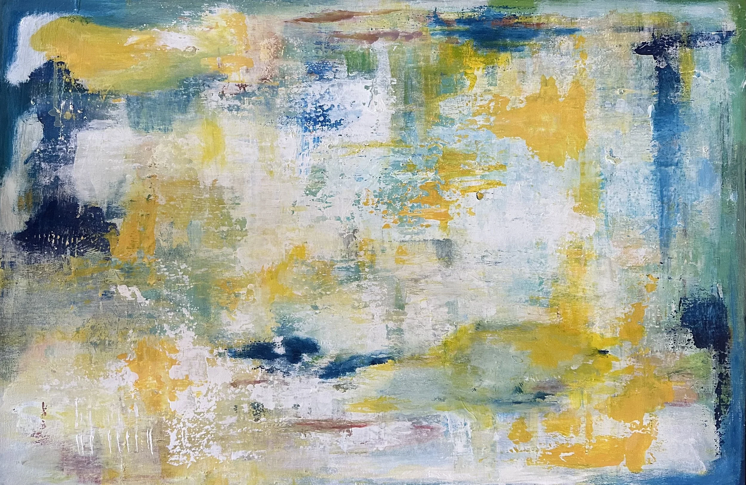 Solstice - $1100 - 24 x 36 with wood frame.
Yellows and blues and soft whites capture movement and discovery, emerging and fading with subtle contrasts of light and shadow.  Shown horizontally.