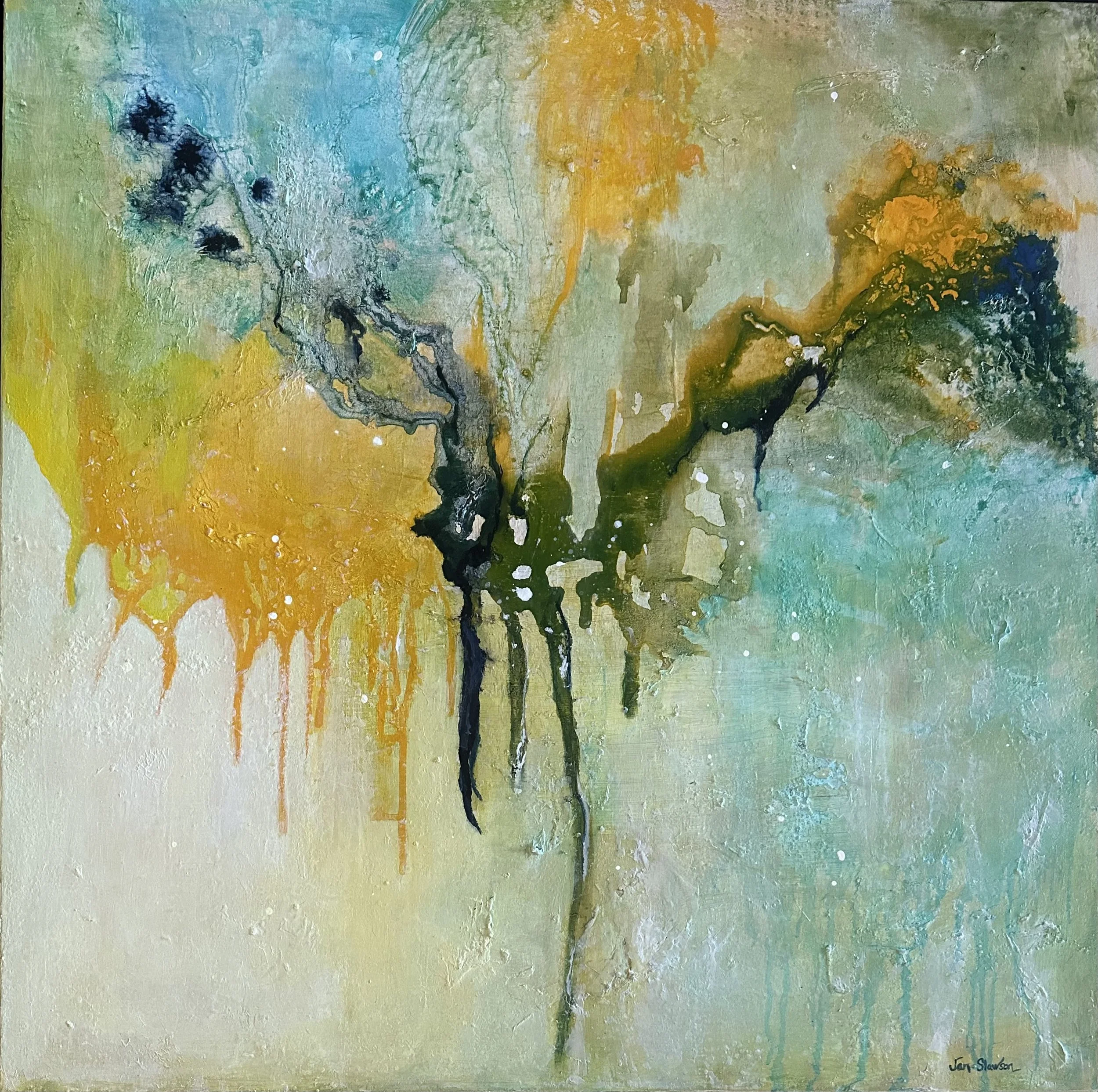 Radiant Energy - $1800 - 36 x 36 Acrylic on Canvas with Bronze metal frame.

A vivid surge of golds and green bursting outward with electric energy before melting into a luminous calm.