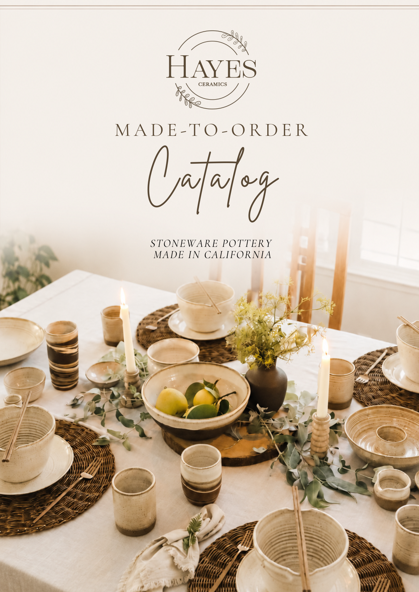 Hayes ceramics made-to-order stoneware pottery catalog featuring handmade ceramic tableware in neutral tones.