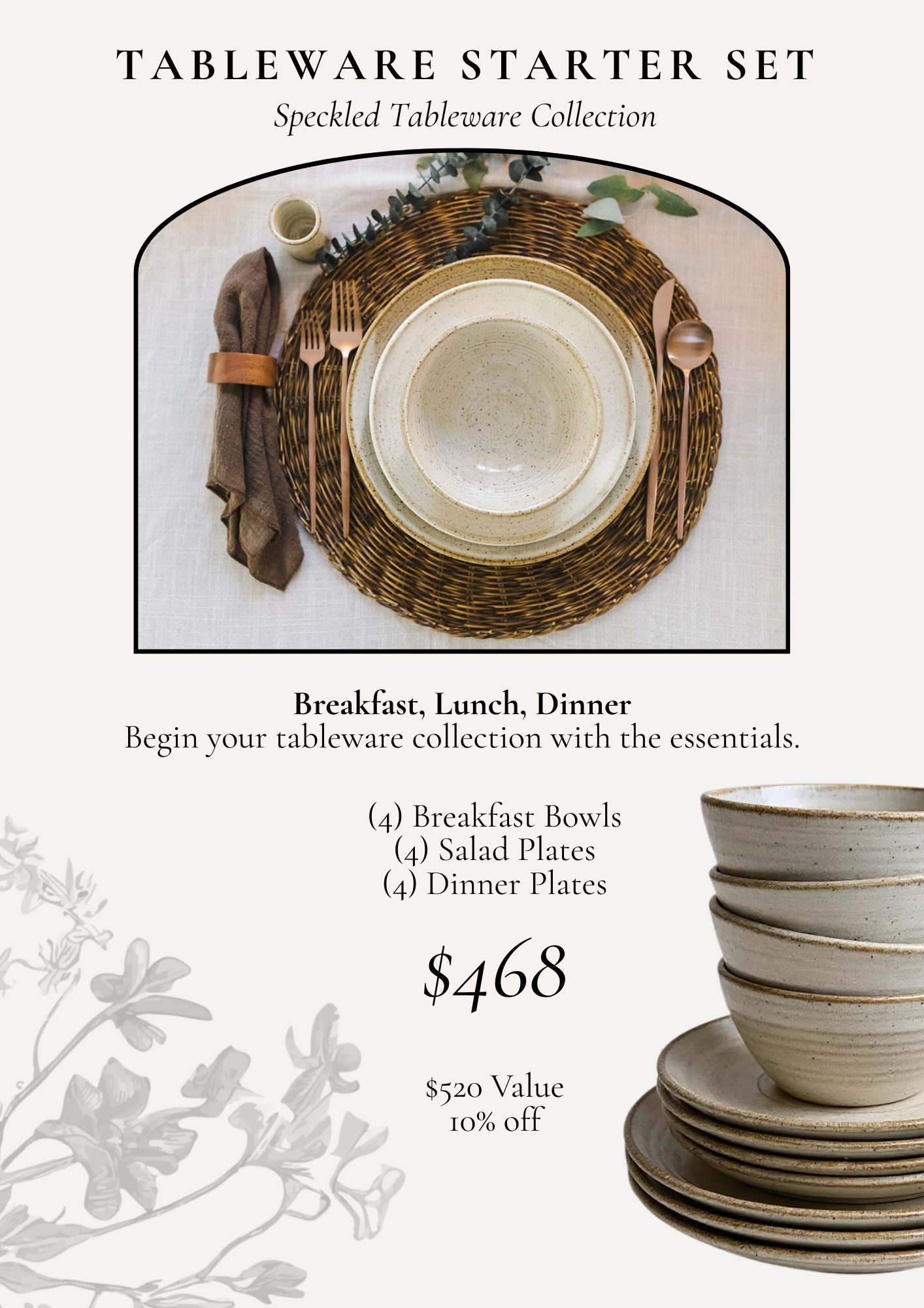 Hayes Ceramics handmade stoneware dinnerware starter set featuring speckled breakfast bowls, salad plates, and dinner plates in a coordinated made-to-order collection.