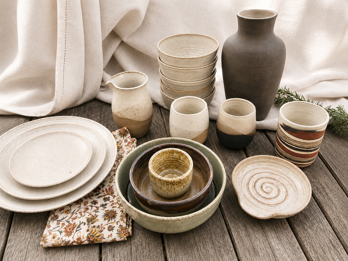 handmade stoneware pottery collection including bowls, mugs, plates and vases by hayes ceramics, crafted in California.