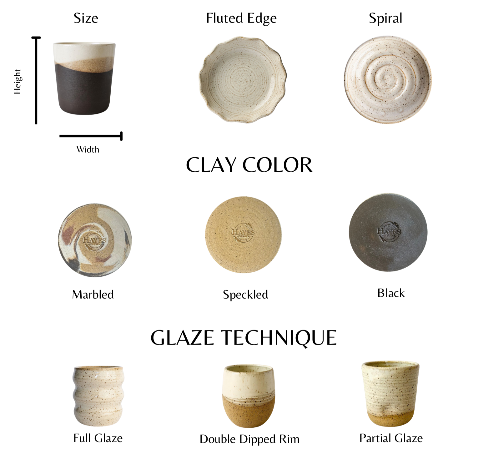 Guide to Hayes Ceramics handmade stoneware showing pottery size, fluted spiral edge options, clay colors including marbled, speckled, and black stoneware, and glaze techniques.