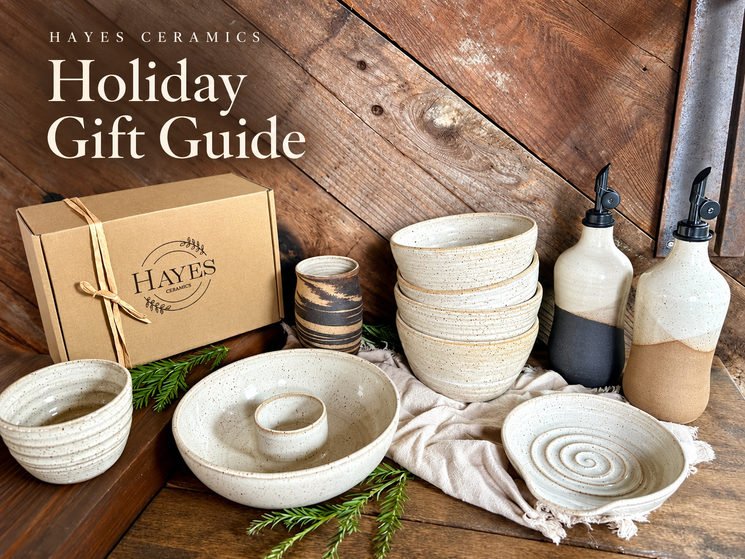 Handmade stoneware holiday gift collection by Hayes Ceramics, featuring ceramic bowls, serving dishes, oil bottles and gift packaging