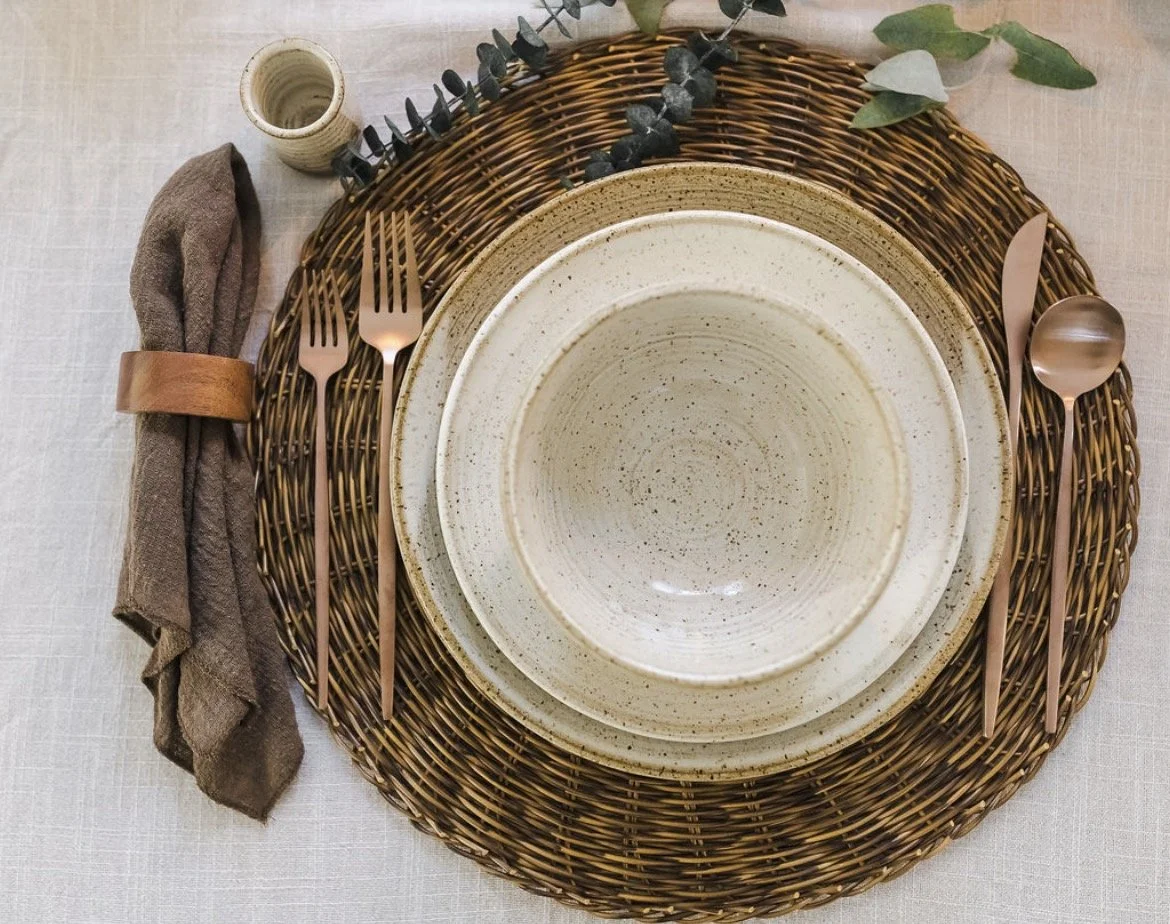 Handmade speckled stoneware dinnerware place setting with ceramic plates, bowl and mug by Hayes Ceramics.