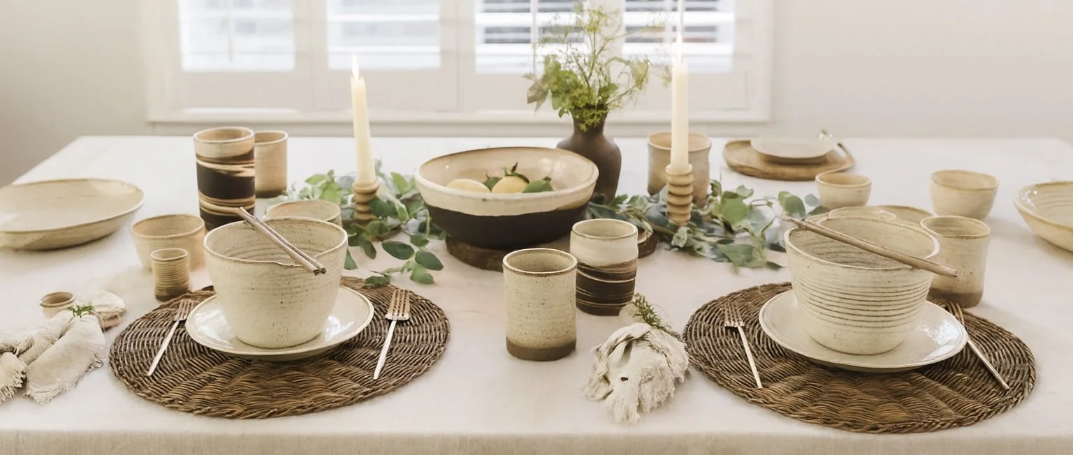 rustic, natural tablescape with neutral handmade dishes. natural stoneware colors and textures. dinner plates, salad plates, tumblers, ramen bowls, salad bowls. handmade stoneware in sonoma county