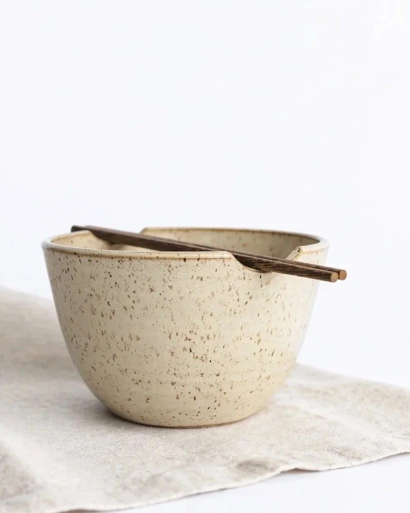 Handmade speckled stoneware ramen bowl with wooden chopsticks by hayes ceramics