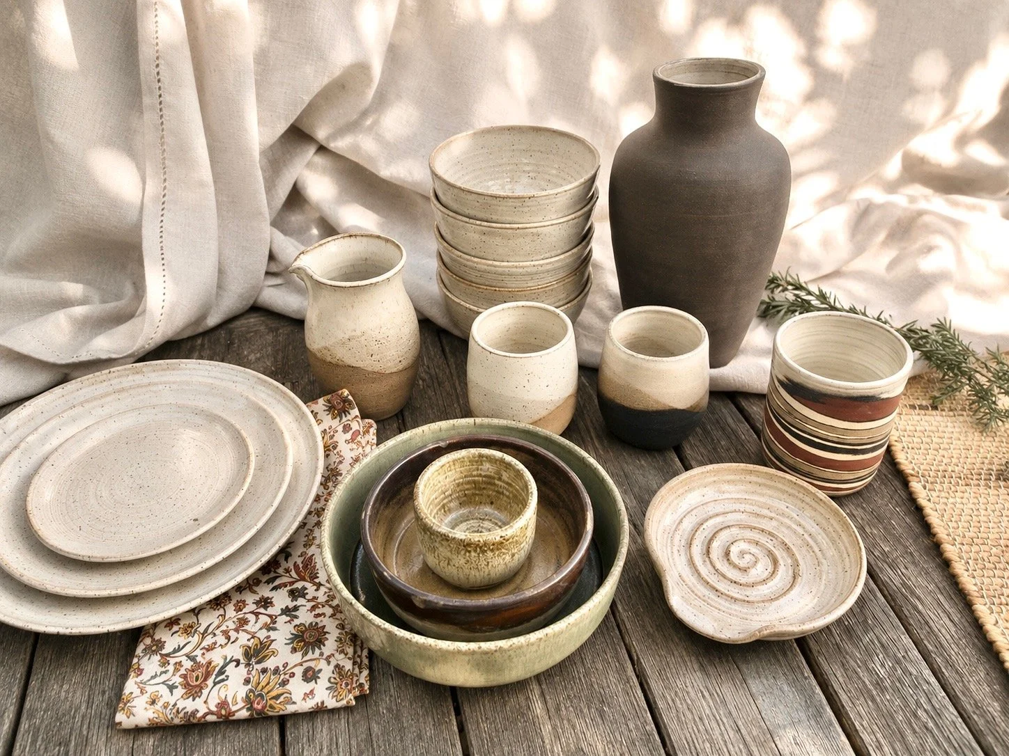 handmade stoneware pottery collection including bowls, mugs, plates and vases by hayes ceramics, crafted in California.