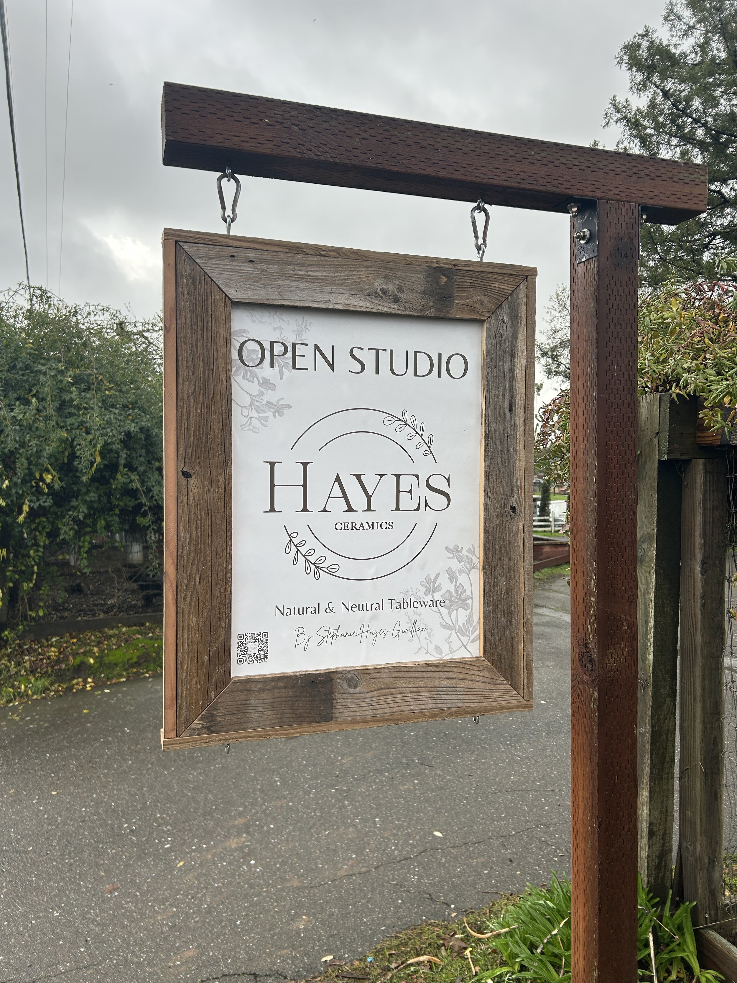 Hayes Ceramics pottery studio entrance sign welcoming visitors to the handmade stoneware studio in Sonoma County, California.