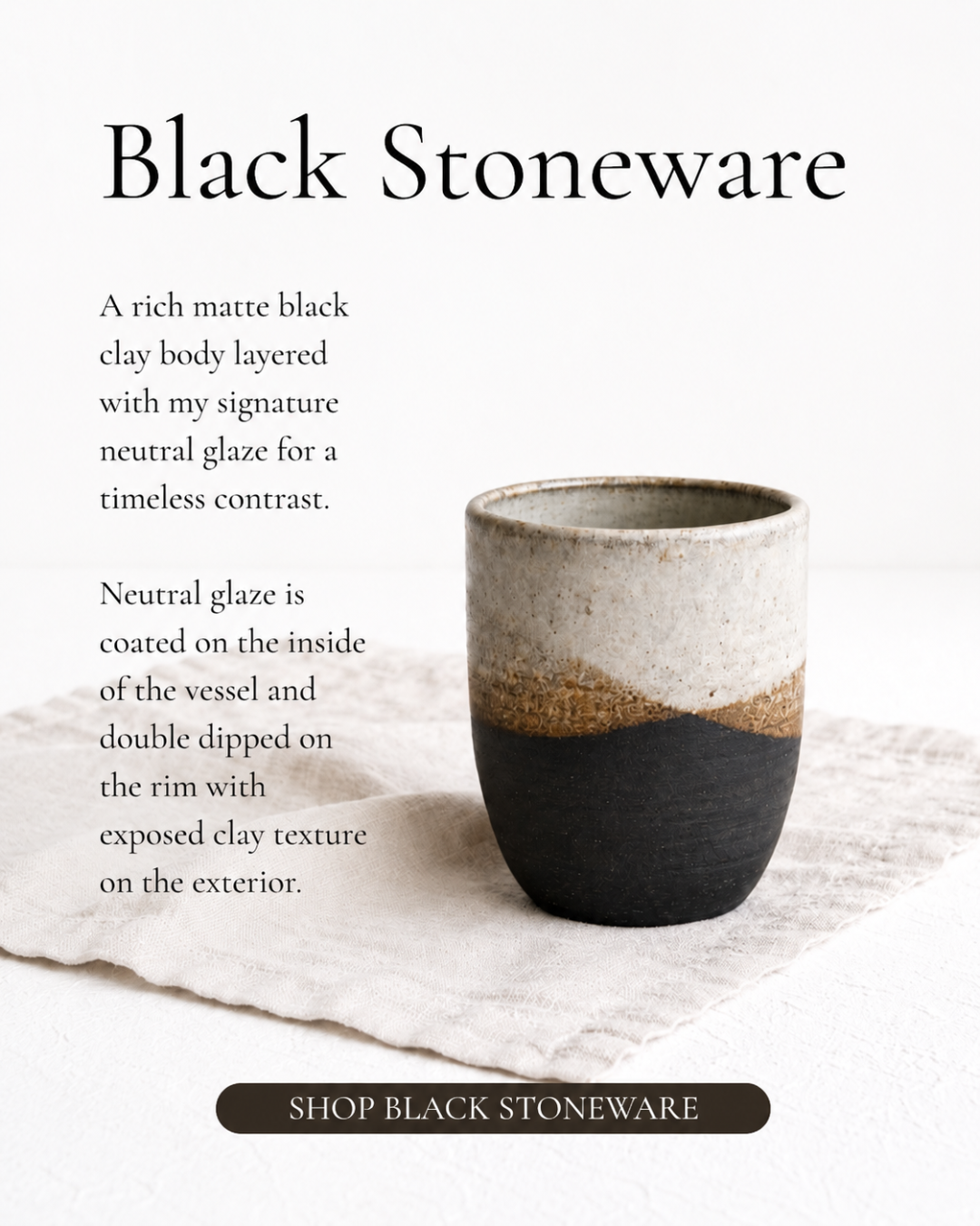 handmade black stoneware tumbler with neutral glaze and exposed clay texture by hayes ceramics.