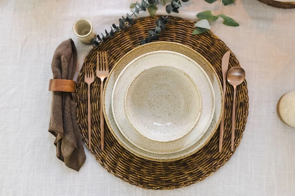 handmade speckled stoneware dinnerware place setting with ceramic plates and bowl by hayes ceramics