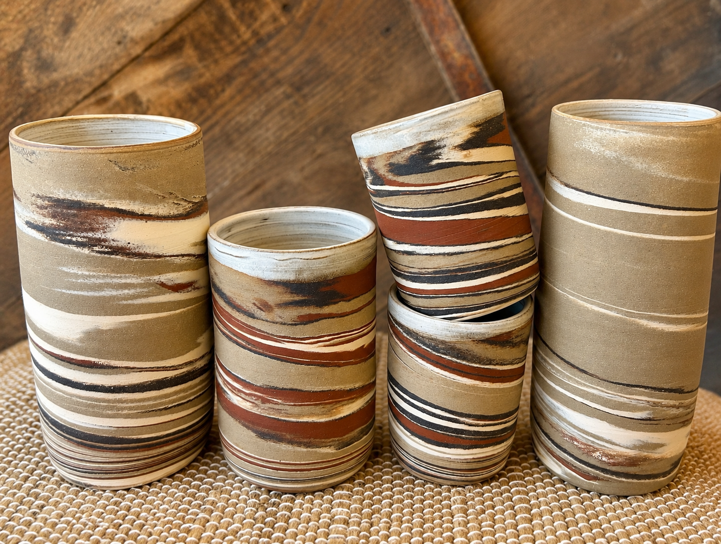 The Marbled Collection featuring handmade stoneware vessels with layered marbled clay patterns by Hayes Ceramics
