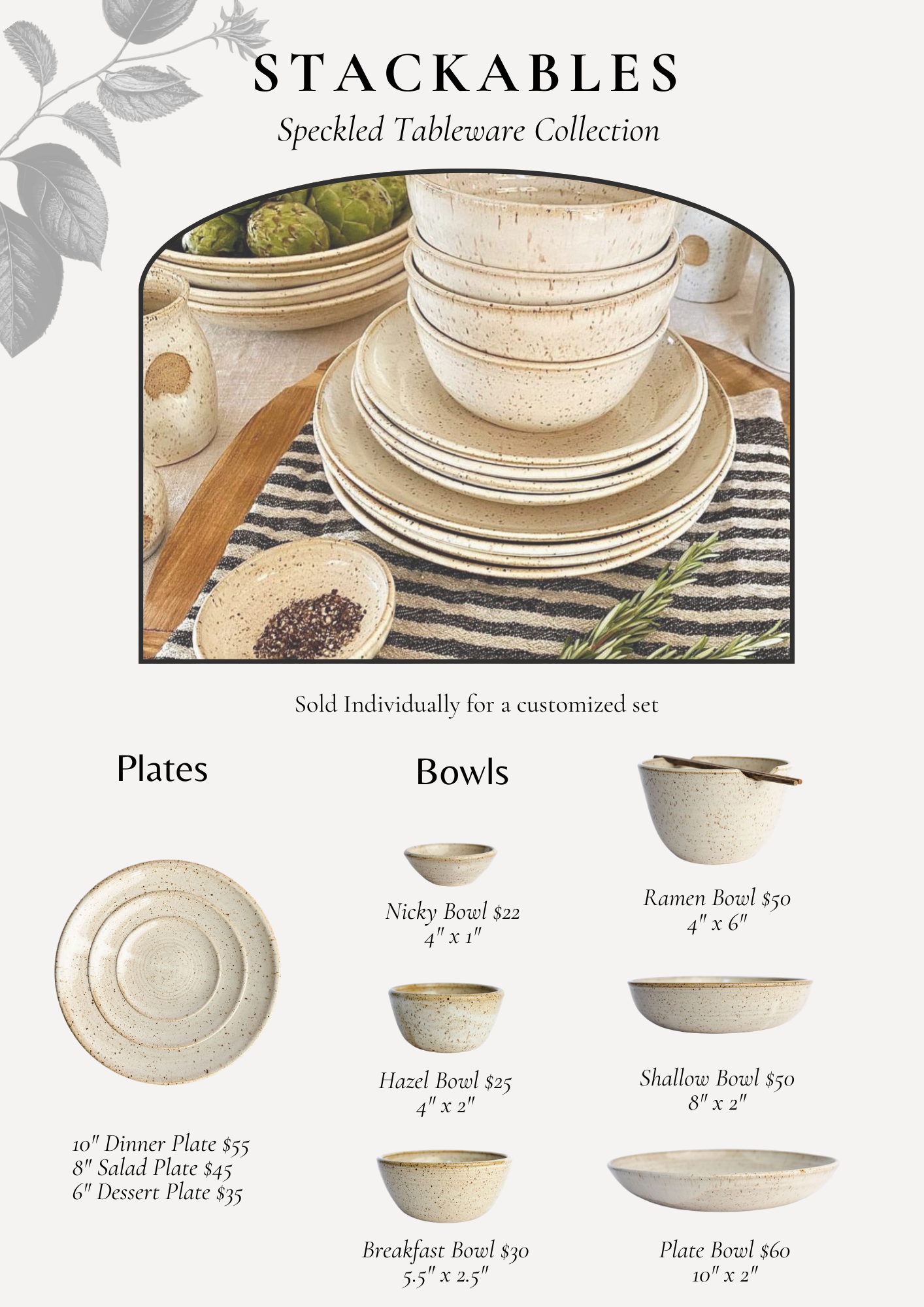 Hayes Ceramics handmade stackable stoneware collection featuring speckled dinner plates, salad plates, breakfast bowls, shallow bowls, and ramen bowls designed to mix and match.