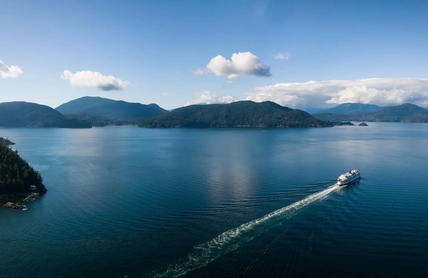 Aerial view of a body of water with a cruise ship sailing, surrounded by green forested mountains under a partly cloudy sky. Setting is BC where we do relationship therapy and sex therapy