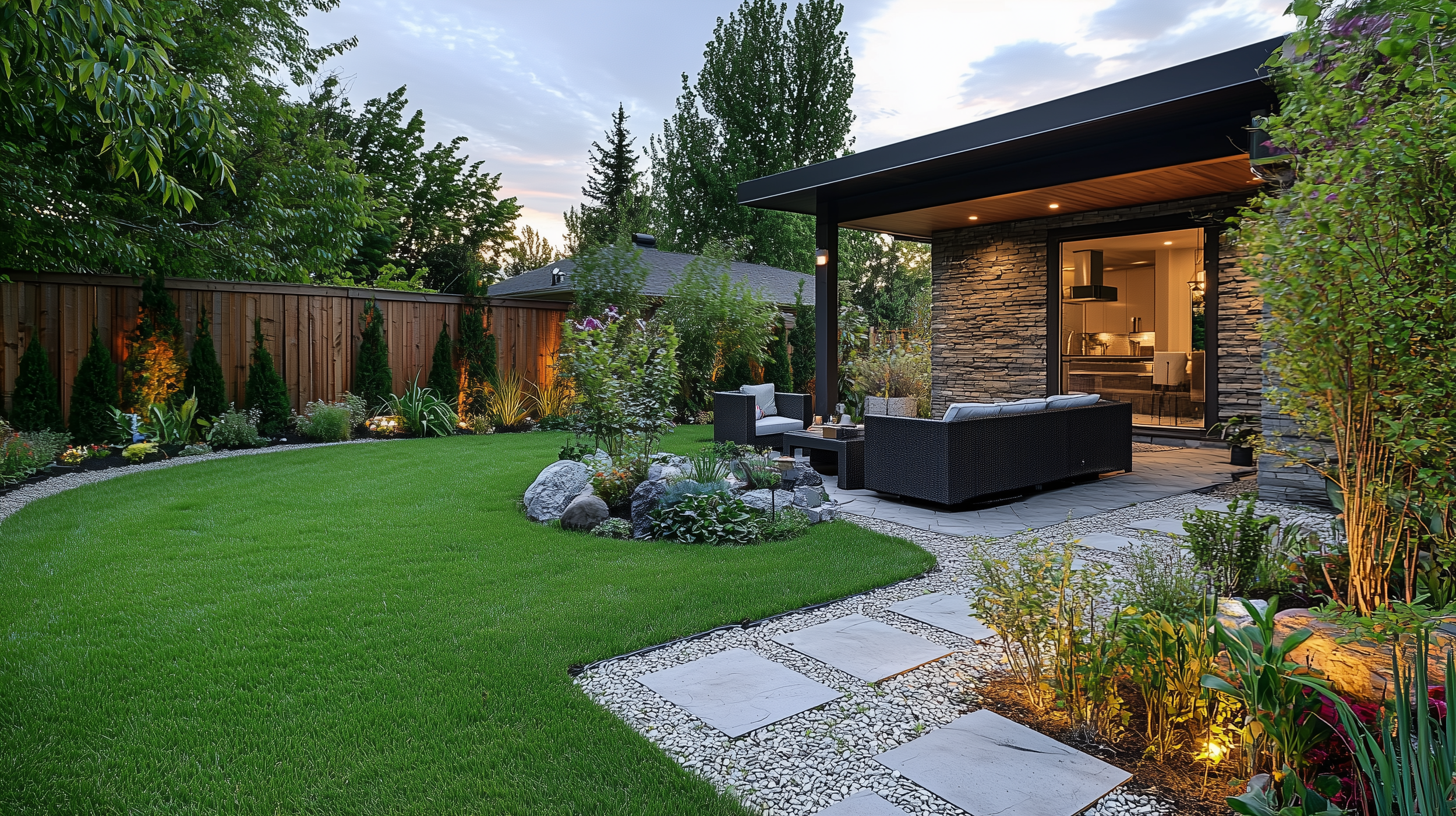 wesandbill_Well_landscaped_small_back_yard_in_evening_light_40c3273e-faa9-4e1a-a120-eb93c6e2f896.png