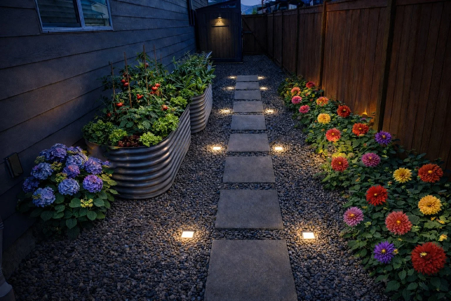 shed path with flowers_dusk_lights.jpg