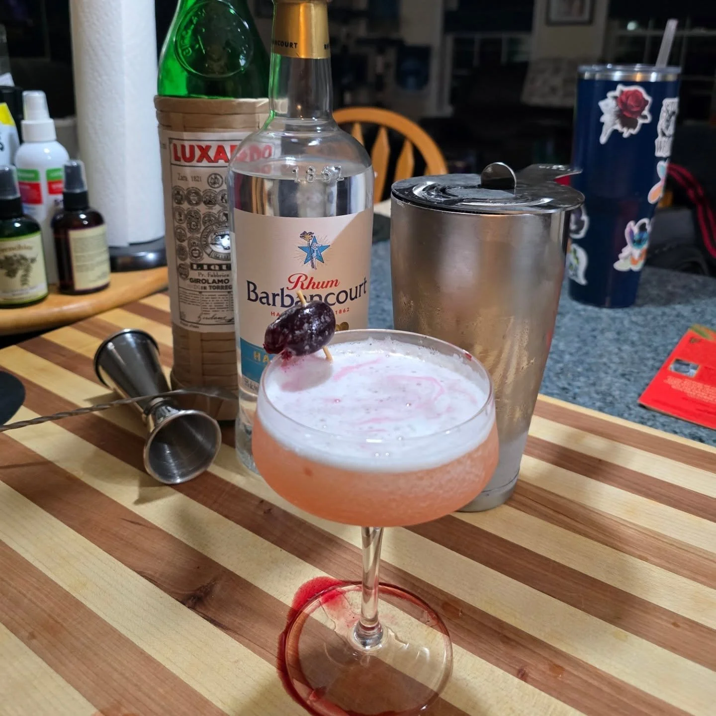 Mary Pickford
2 oz Rum
2oz Pineapple Juice
1 bar spoon Grenadine
1 bar spoon Luxardo Maraschino Liquor
Shake with ice and double strain into a coupe
Special Note: This particular Mary Pickford was made with Rhum Barbancourt 110. After tasting, I