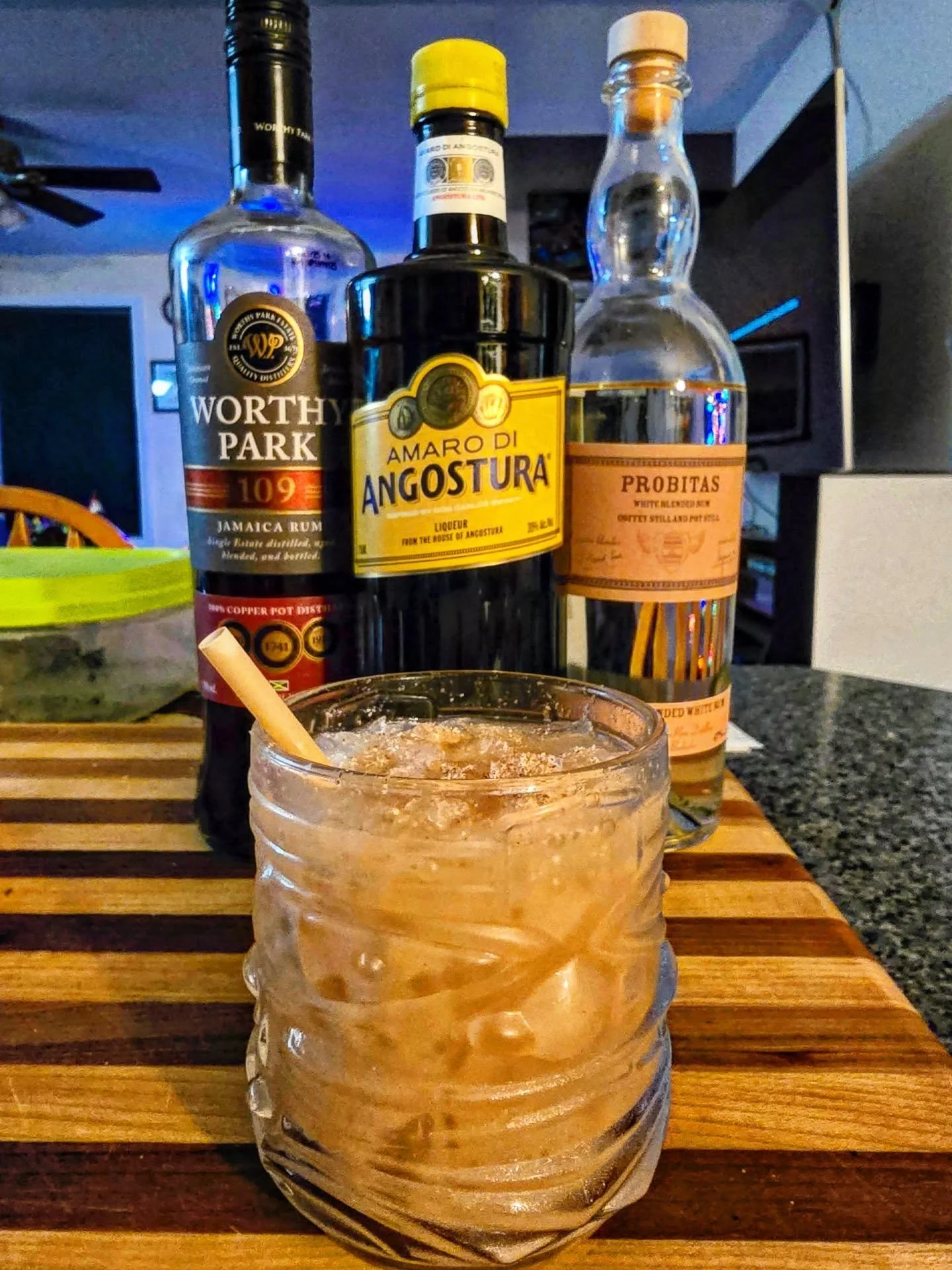 Houbolt&rsquo;s Lunar Orbit Rendezvous 

2 oz Probitas Rum
0.5 oz Worthy Park 109 Rum
0.75 oz fresh grapefruit juice
0.25 oz fresh orange juice
0.5 oz Orgeat
0.25 oz 2:1 demerara gum syrup
0.25 oz Amaro di Angostura

Pour all ingredients into a cockt