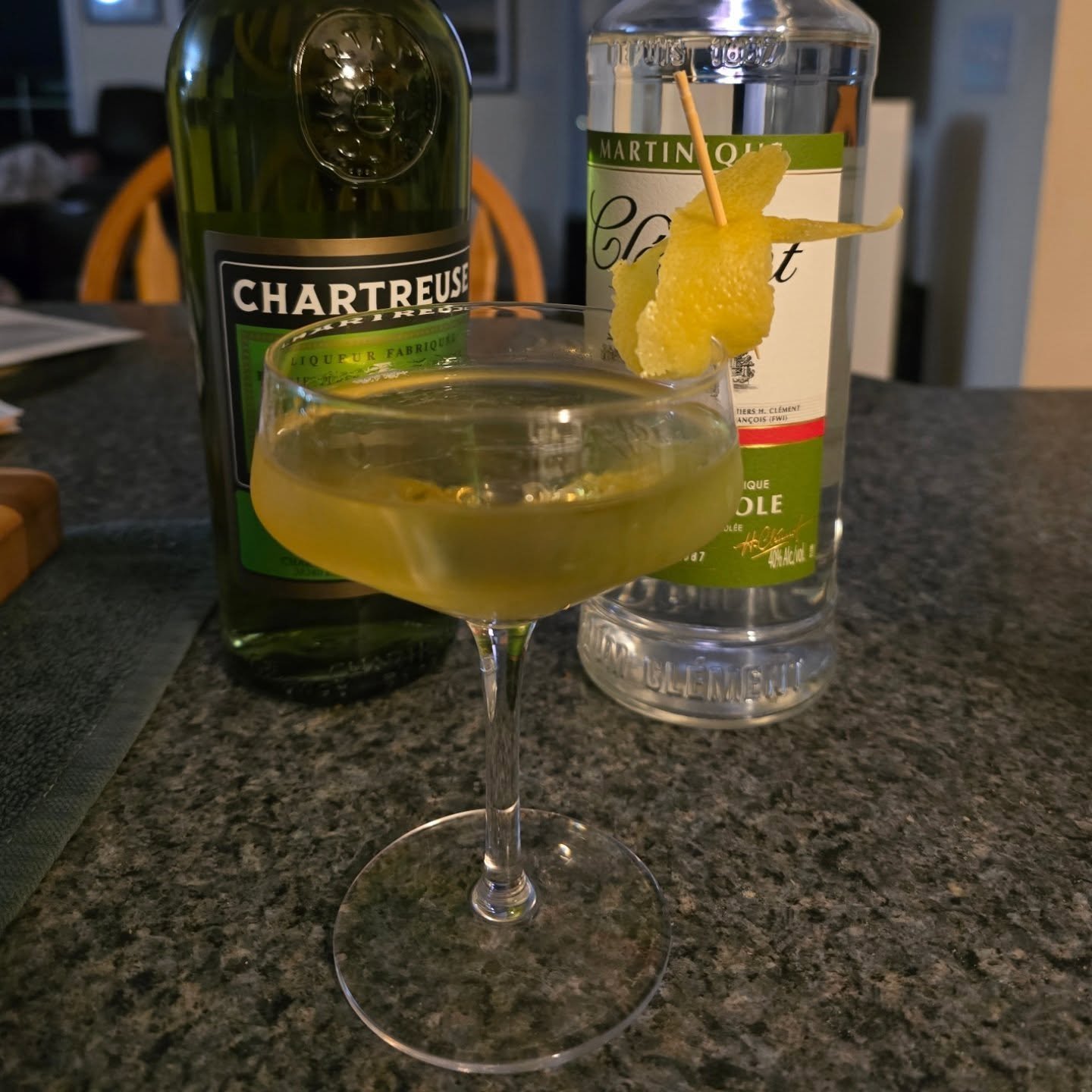 BAIE DU GALION

1/2 oz Green Chartreuse
1/4 oz Drambuie
2 oz Rhum Agricole blanc

Add all ingredients into a mixing glass. 
Fill with cracked.or cubed ice.
Stir and strain into a.chilled coupe.

Garnish with a lemon twist.

Haven't posted in a while.