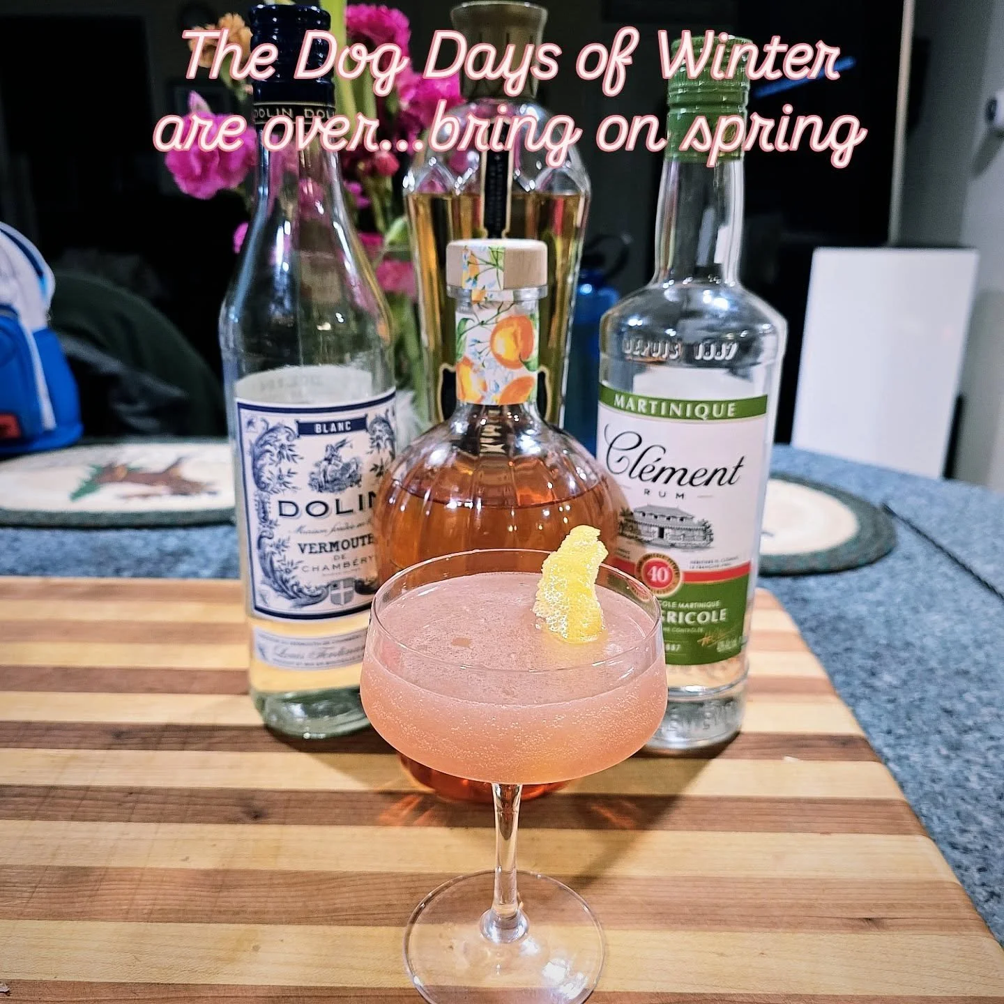Spring in Martinique

1&frac12; oz Rhum Cl&eacute;ment Blanc
&frac34; oz St-Germain Elderflower
&frac12; oz Grapefruit Juice
&frac12; oz Dolin Blanc Vermouth de Chambery 
&frac14; oz Light Grenadine
&frac14; oz Cl&eacute;ment Cr&eacute;ole Shrubb
1 d