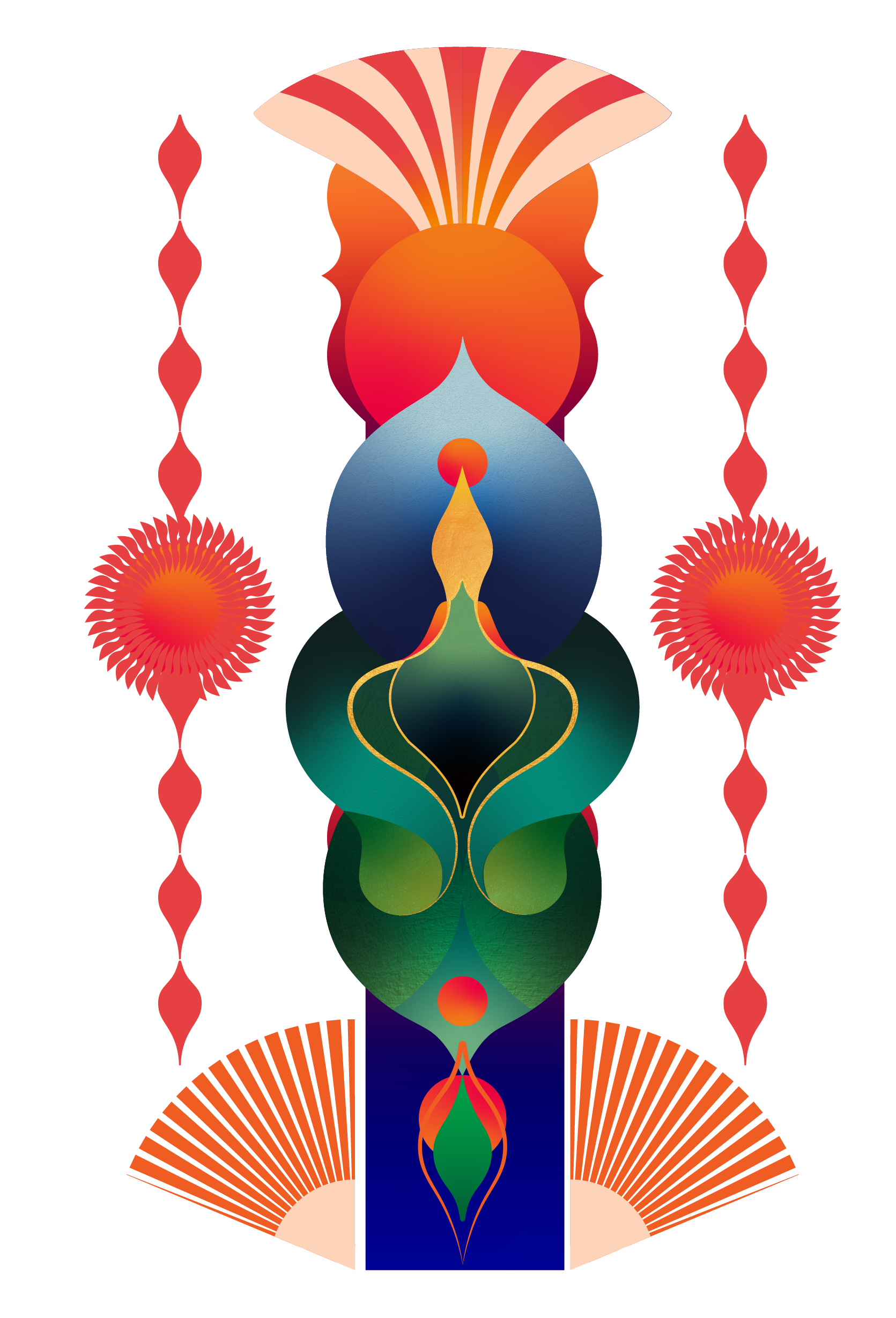 Symmetrical abstract illustration inspired by symbolism and visual cultures from Africa and Asia