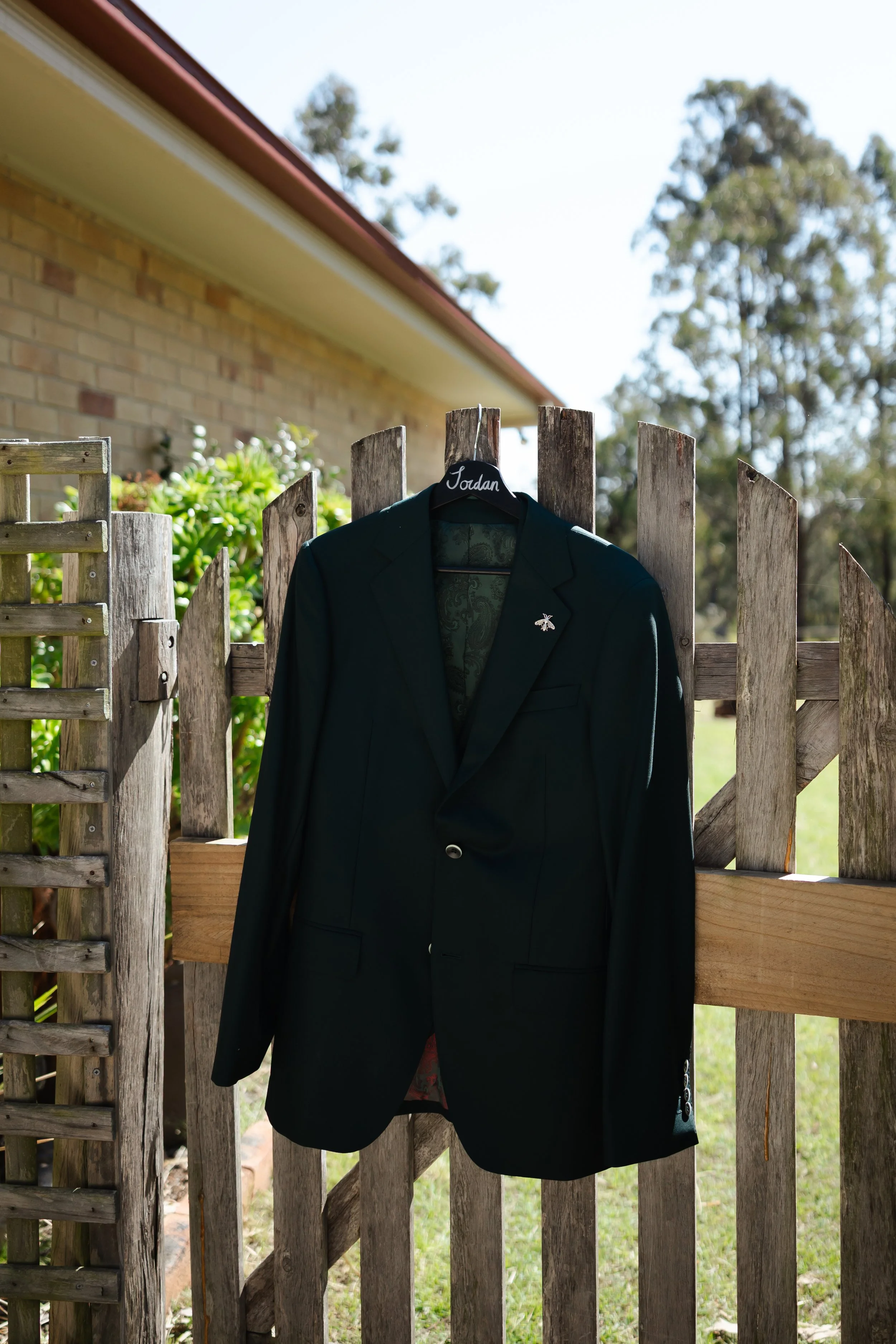 suit jacket hanging in hunter valley wedding