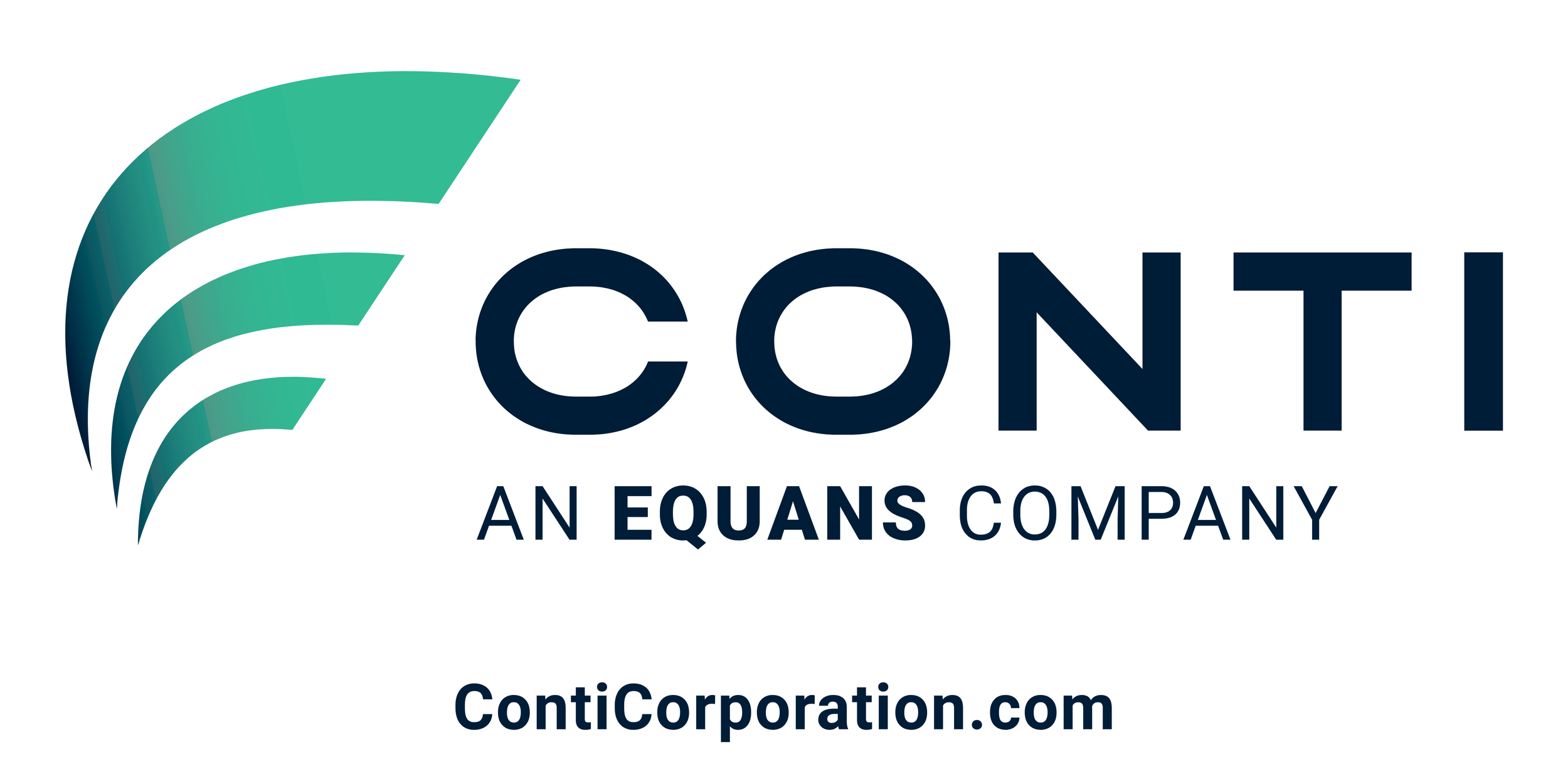 Conti logo with three stylized curved lines in shades of green and blue, and the text 'CONTI' in bold navy blue letters, with 'AN EQUANS COMPANY' and 'ContiCorporation.com' below.