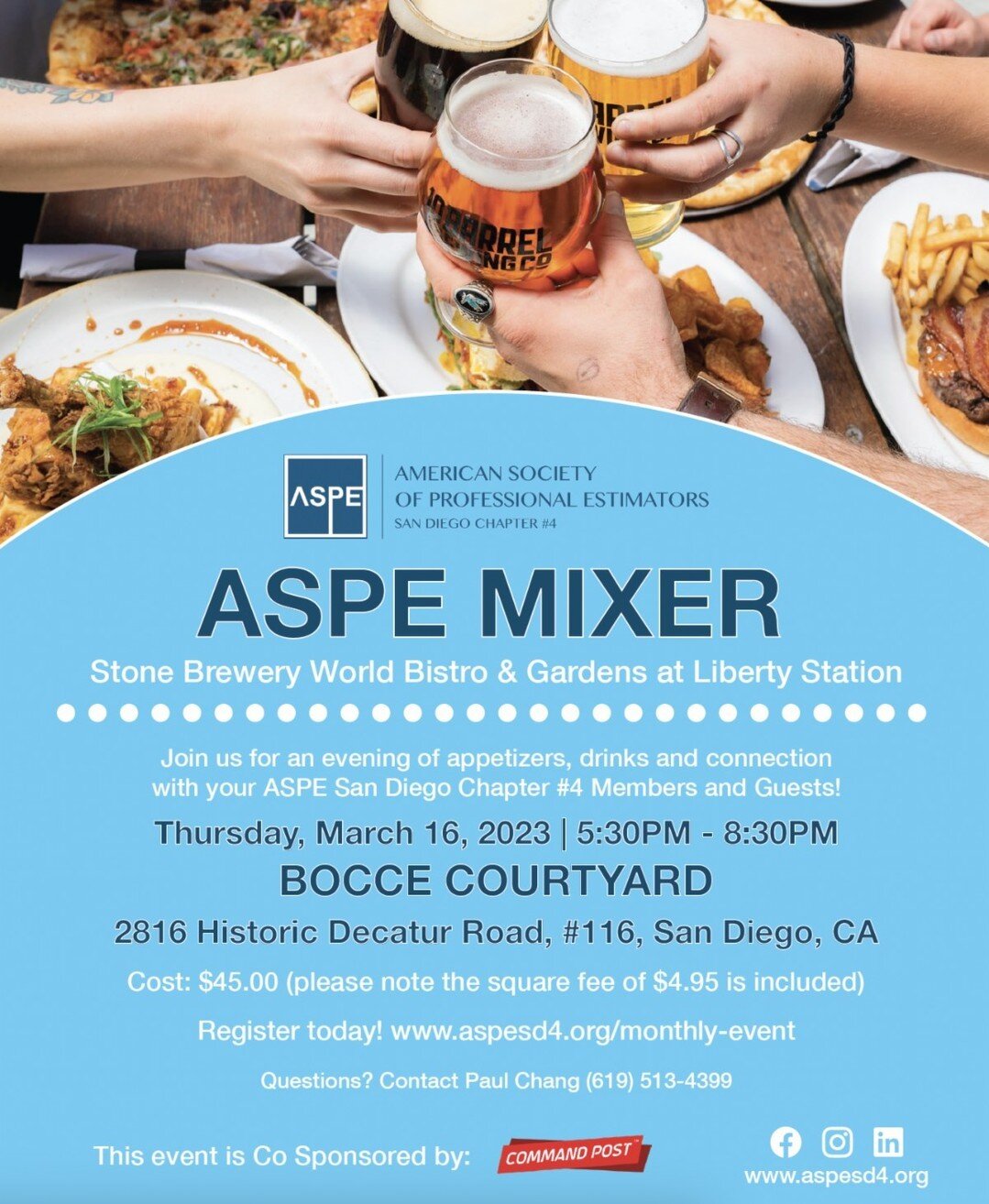🍻- **** You still have time to Register for this event****
ASPE San Diego Chapter #4, would like to invite you to our 2nd year mixer event at Stone Brewery at Liberty Station on March 1️⃣6️⃣, 2023 at 5:30PM. Come and enjoy networking, meeting the AS