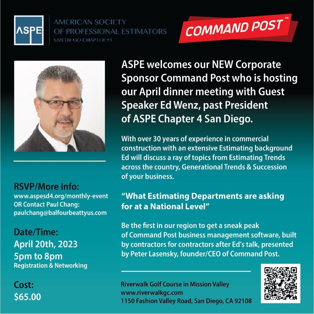 Exciting news! ASPE San Diego Chapter 4 is proud to announce our new corporate sponsor, Command Post! Join us on April 20th, 2023 from 5-8PM for our dinner meeting hosted by Command Post, featuring guest speaker Ed Wenz, past president of ASPE Chapte