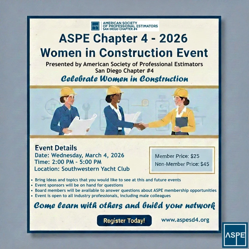 ASPE Chapter 4 &ndash; 2026 ASPE Women in Construction Event

Date: Wednesday, March 4, 2026

Time: 2:00 PM &ndash; 5:00 PM

Location: Southwestern Yacht Club, San Diego, CA

Join us for an afternoon celebrating Women in Construction during Women in 