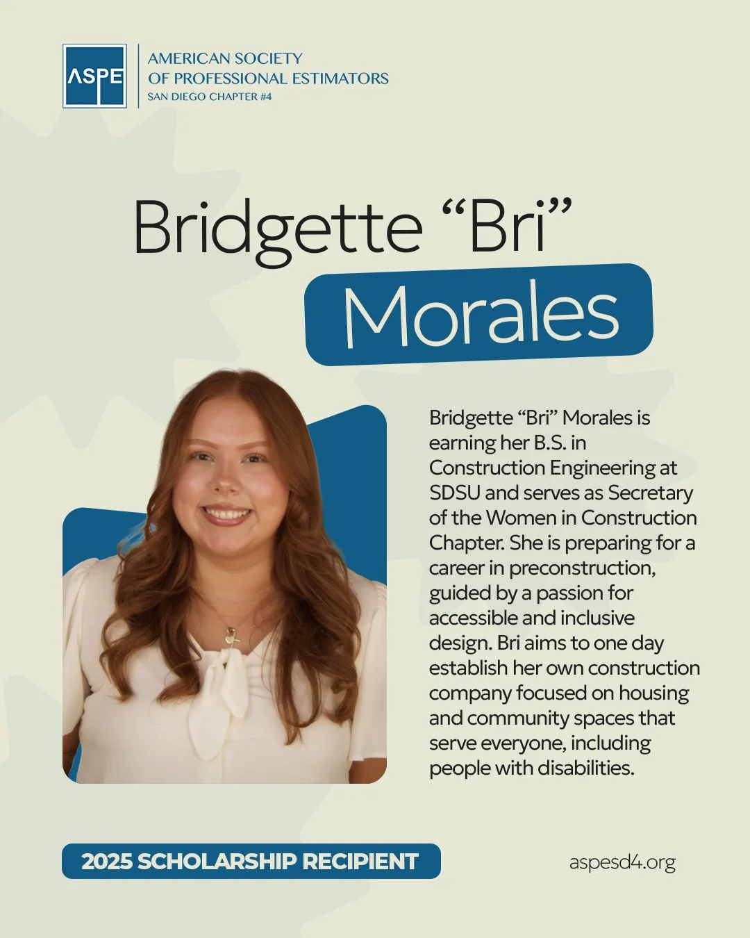 Please join us in congratulating Bridgette Morales and Sara Suphakijanan on being this year's ASPE Chapter 4 Scholarship recipients. Both Bri and Sara have shown extraordinary promise and dedication in their respective fields. We look forward to witn