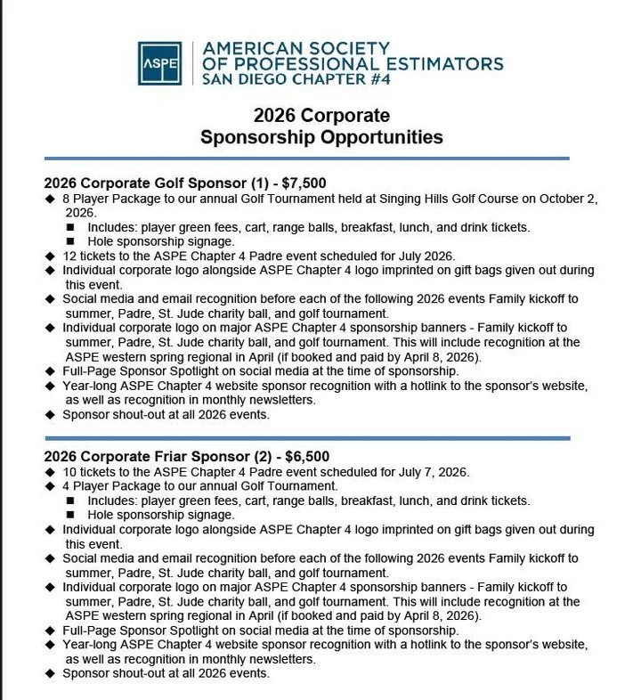 LIMITED SPACES AVAILABLE!
 
Get year long recognition at every ASPE Chapter 4 event, on our socials, on the ASPE Chapter 4 website, and much, much more.

Become a yearly sponsor for your favorite event and lock in your opportunity for that specific s
