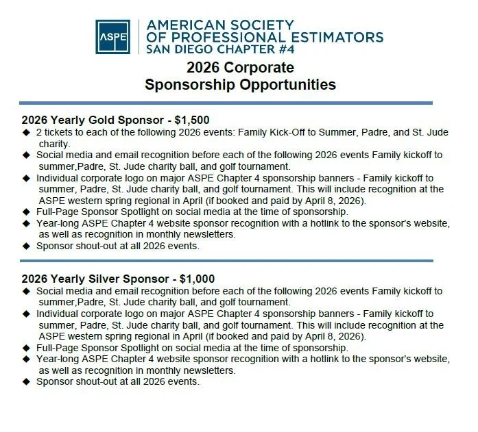 LIMITED SPACES AVAILABLE!
 
Get year long recognition at every ASPE Chapter 4 event, on our socials, on the ASPE Chapter 4 website, and much, much more.

Become a yearly sponsor for your favorite event and lock in your opportunity for that specific s