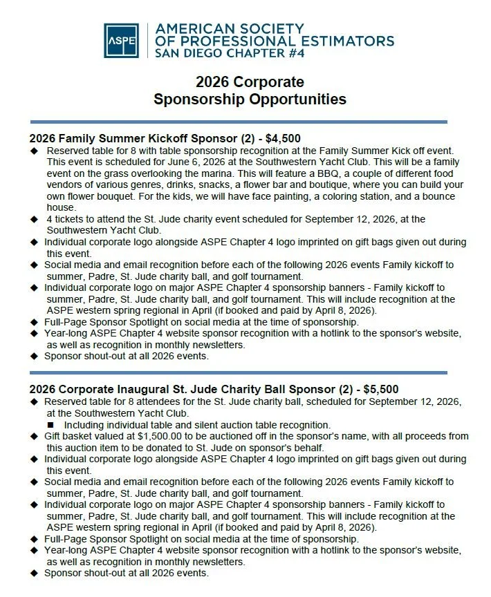 LIMITED SPACES AVAILABLE!
 
Get year long recognition at every ASPE Chapter 4 event, on our socials, on the ASPE Chapter 4 website, and much, much more.

Become a yearly sponsor for your favorite event and lock in your opportunity for that specific s